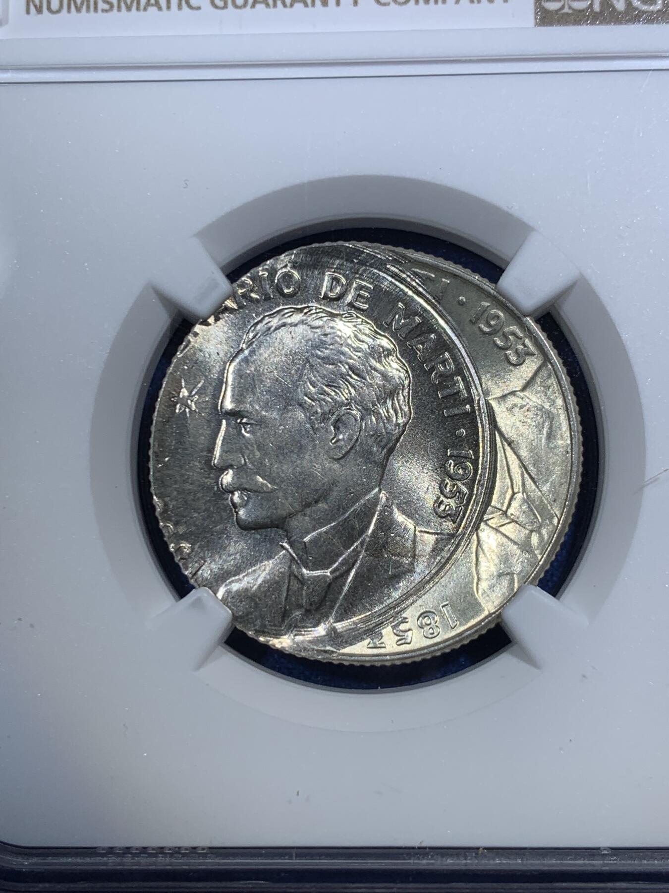 《竞宝斋》第292场- 周日，周一  2场连拍 （全场包邮） NGC MINT ERROR MS65 古巴1953年何塞马丁百年纪念25分银币 珍惜复打币