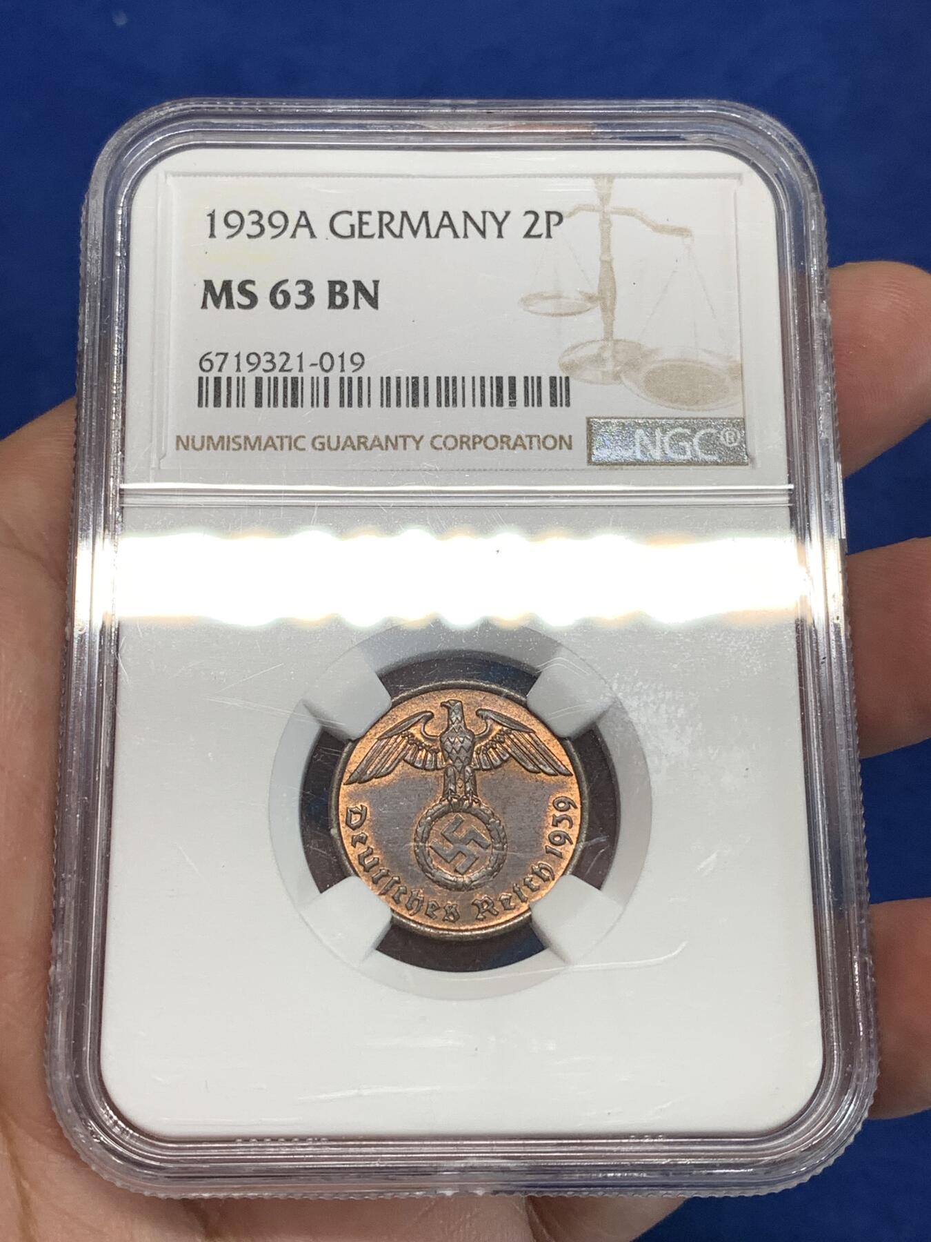 《竞宝斋》第292场- 周日，周一  2场连拍 （全场包邮） NGC MS63BN 1939年A厂标德国2芬尼