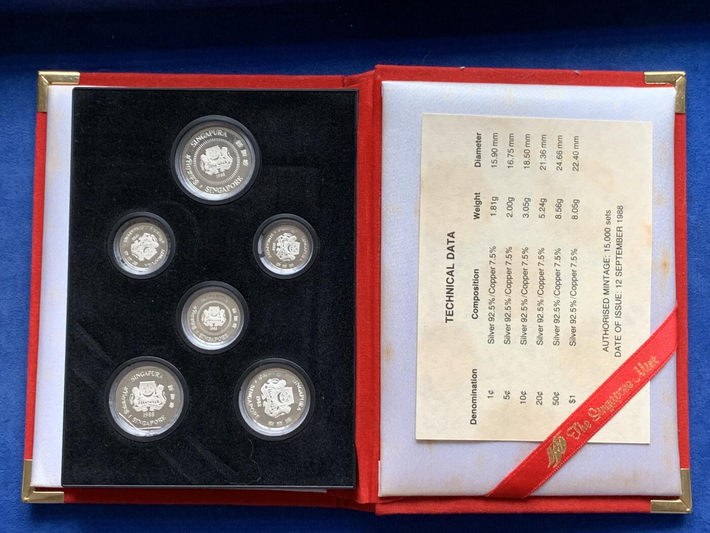 《竞宝斋》第292场- 周日，周一  2场连拍 （全场包邮） 新加坡1988年花卉精制银币套装一套六枚 早期出品 盒证齐全