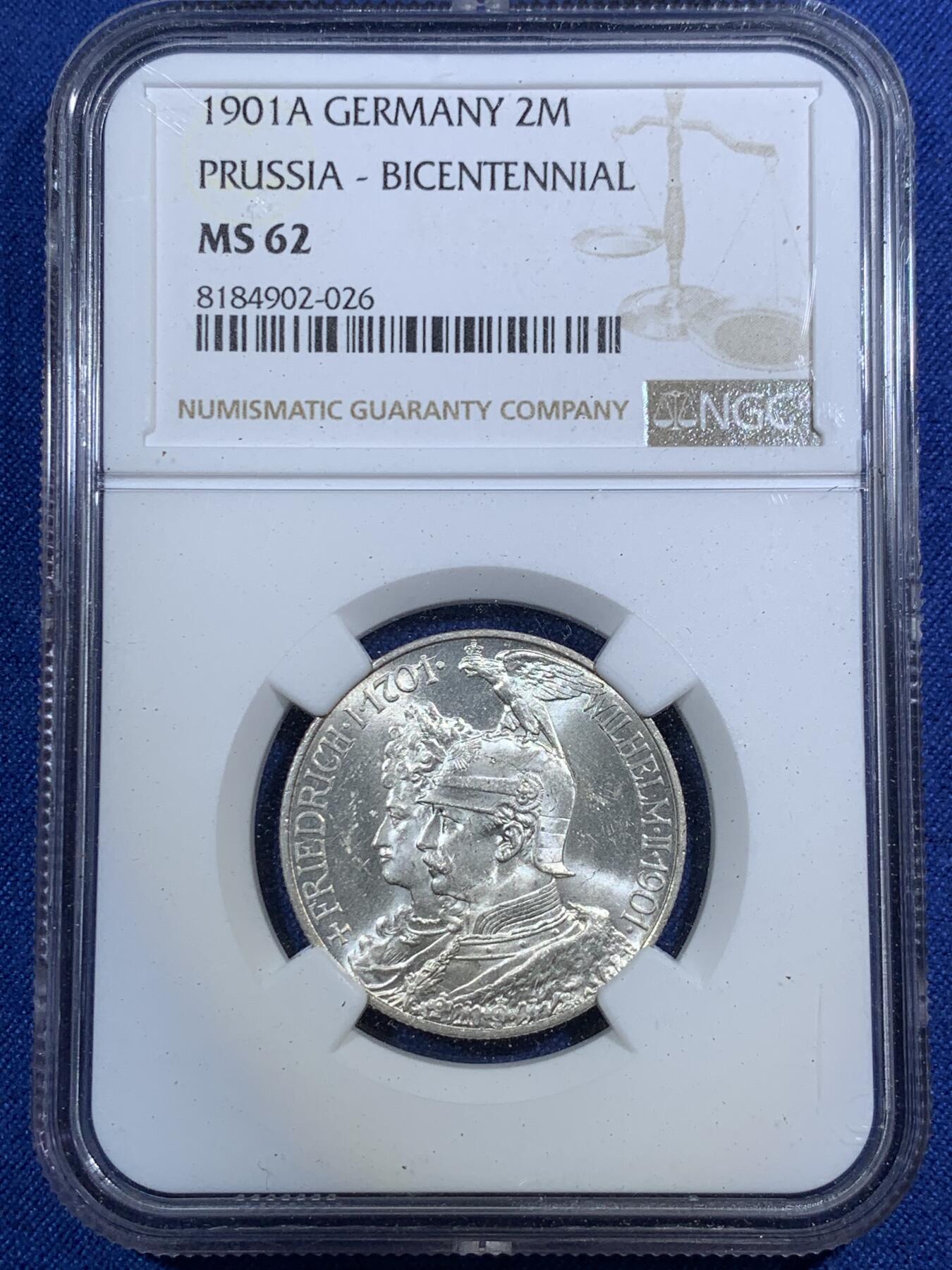 《竞宝斋》第292场- 周日，周一  2场连拍 （全场包邮） NGC MS62 德国1901A普鲁士建国200周年2马克银币