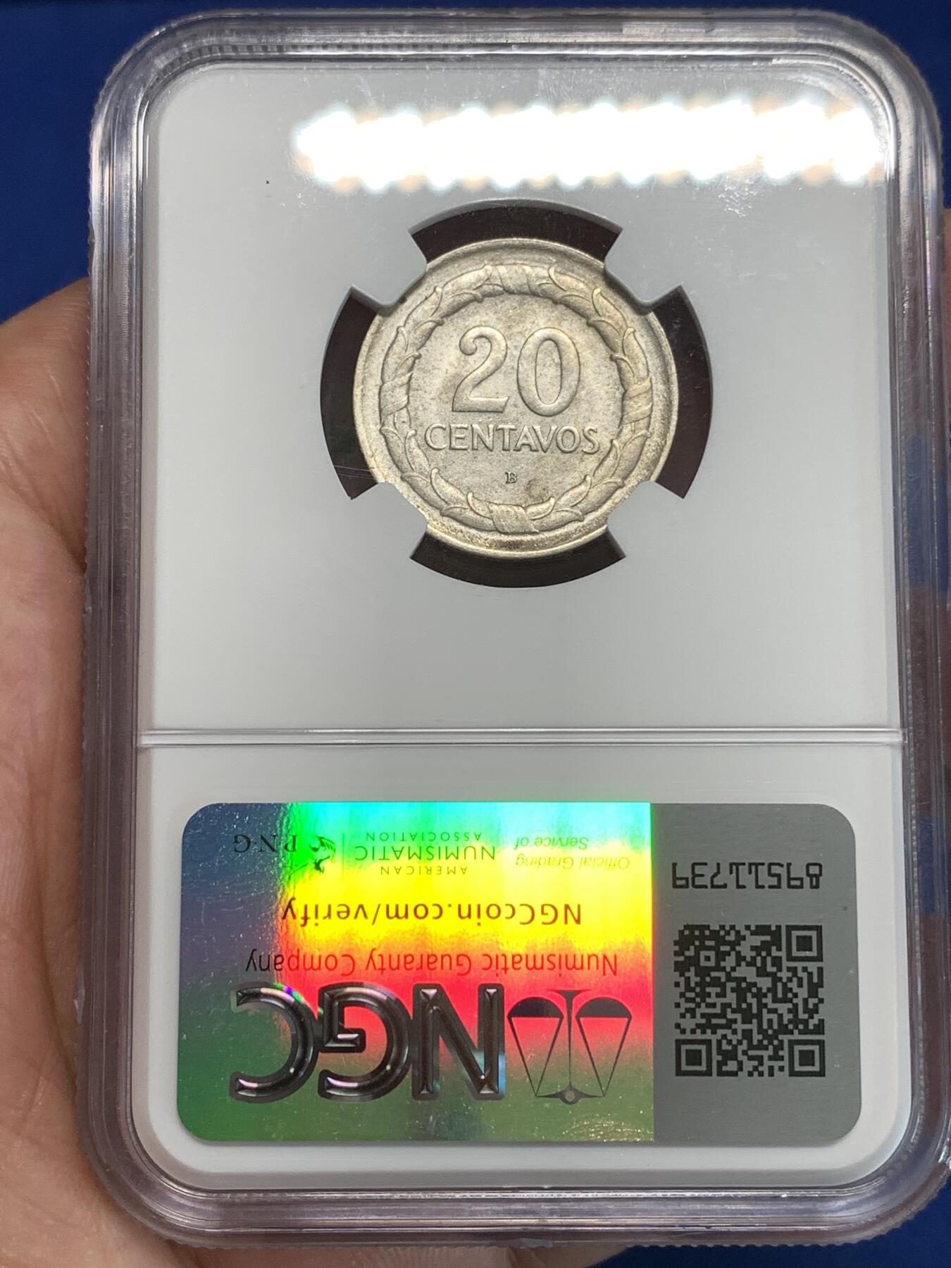 《竞宝斋》第292场- 周日，周一  2场连拍 （全场包邮） 特年 NGC MS62 哥伦比亚 1945年 20分 银币  更高分仅五枚