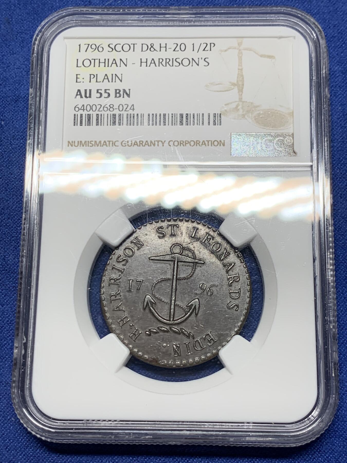 《竞宝斋》第292场- 周日，周一  2场连拍 （全场包邮） NGC AU55BN 1796年苏格兰 D&H海运公司 1/2便士铜代币 正面锚币设计十分经典
