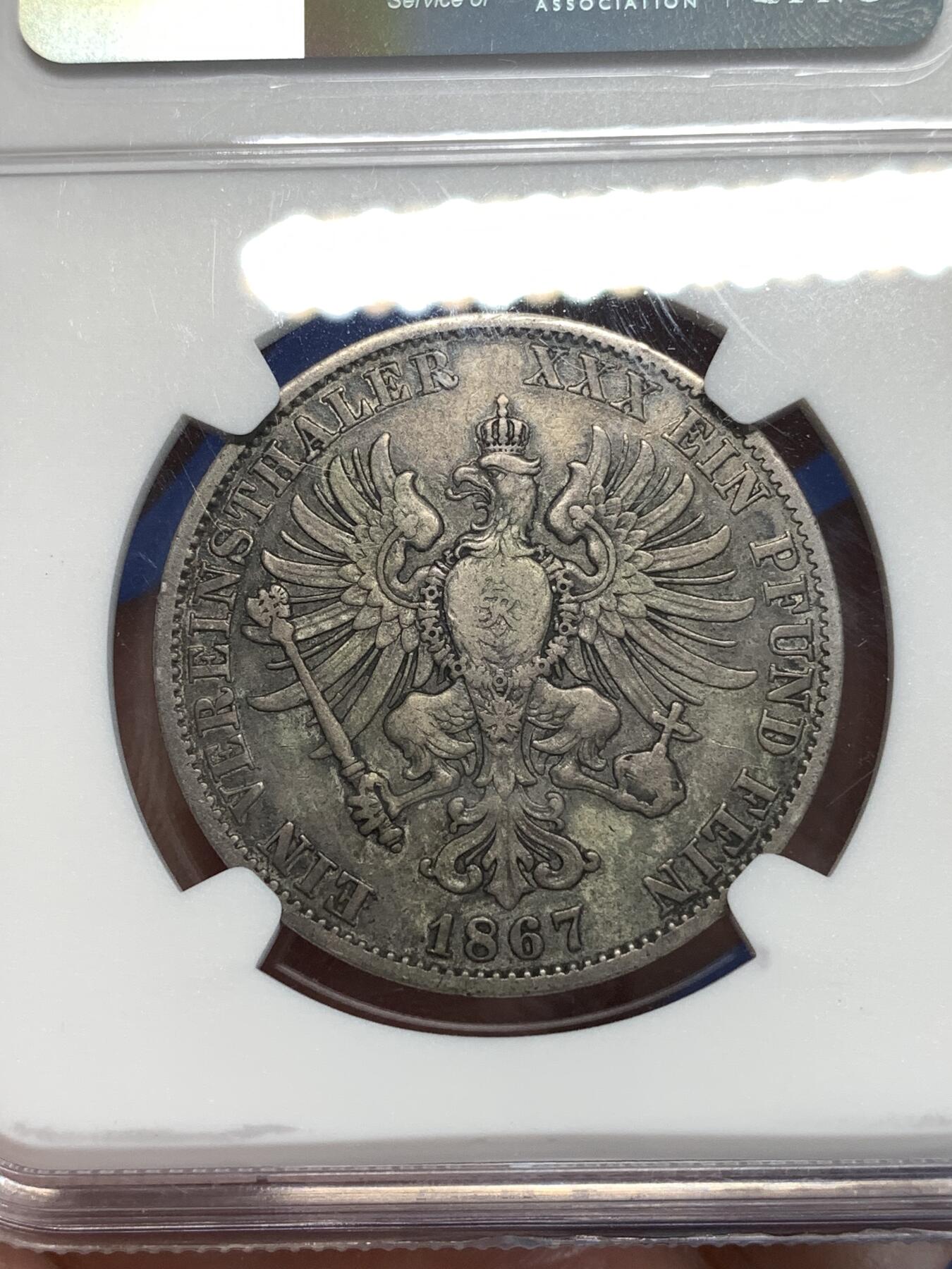 《竞宝斋》第292场- 周日，周一  2场连拍 （全场包邮） NGC VFD 德国1867普鲁士皇冠鹰一泰勒 少见品种 背面滴水未下老味道 鹰整体细节完好