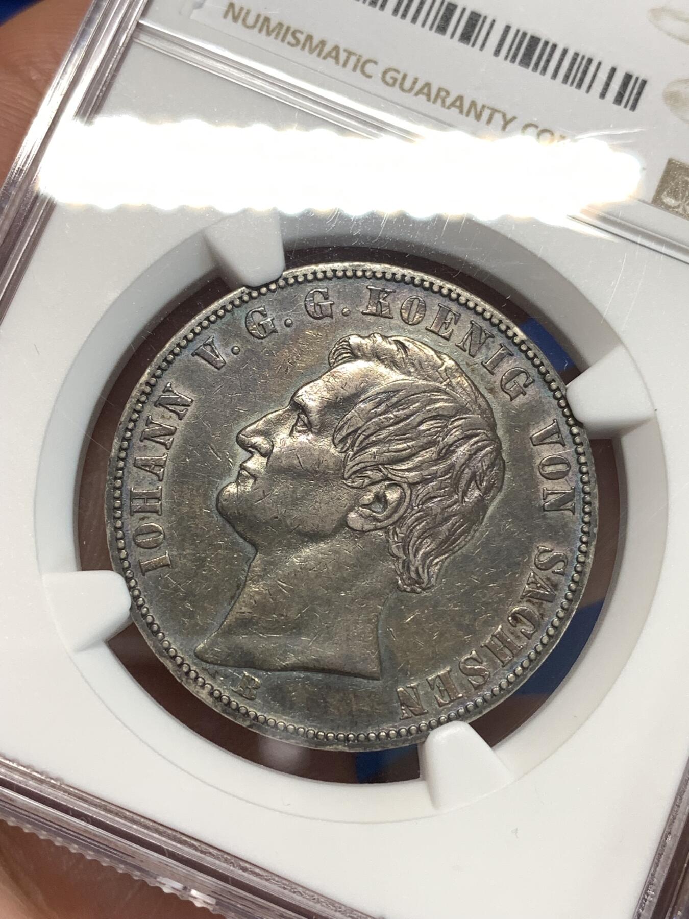 《竞宝斋》第292场- 周日，周一  2场连拍 （全场包邮） NGC XF45 德国 1870年B 萨克森矿业泰勒 正面深蓝绿色包浆 背面日落红包浆 感官佳明显低评