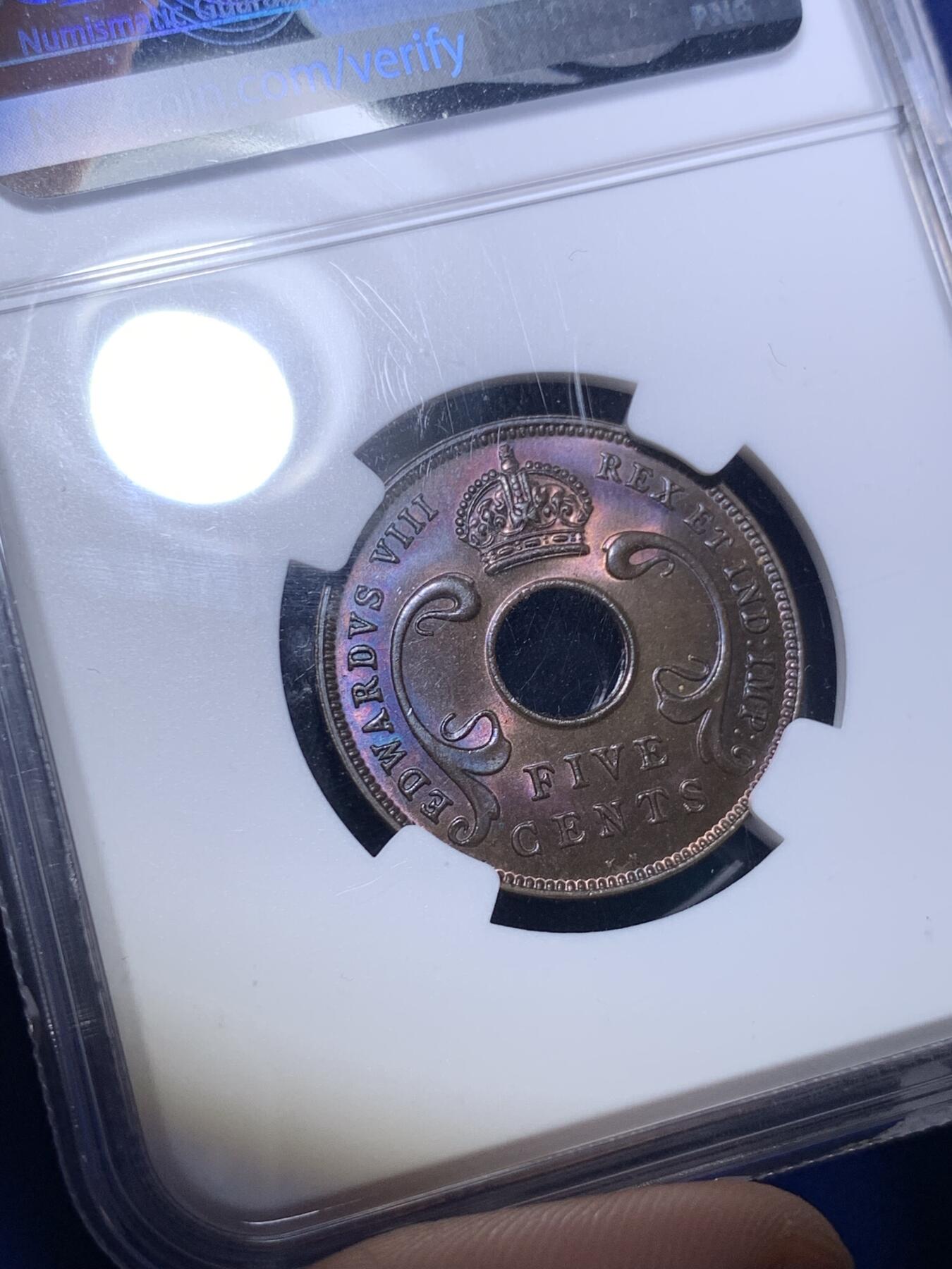 《竞宝斋》第292场- 周日，周一  2场连拍 （全场包邮） NGC MS64RB 英属东非1936年爱德华八世5分铜币KN版  紫彩非常漂亮