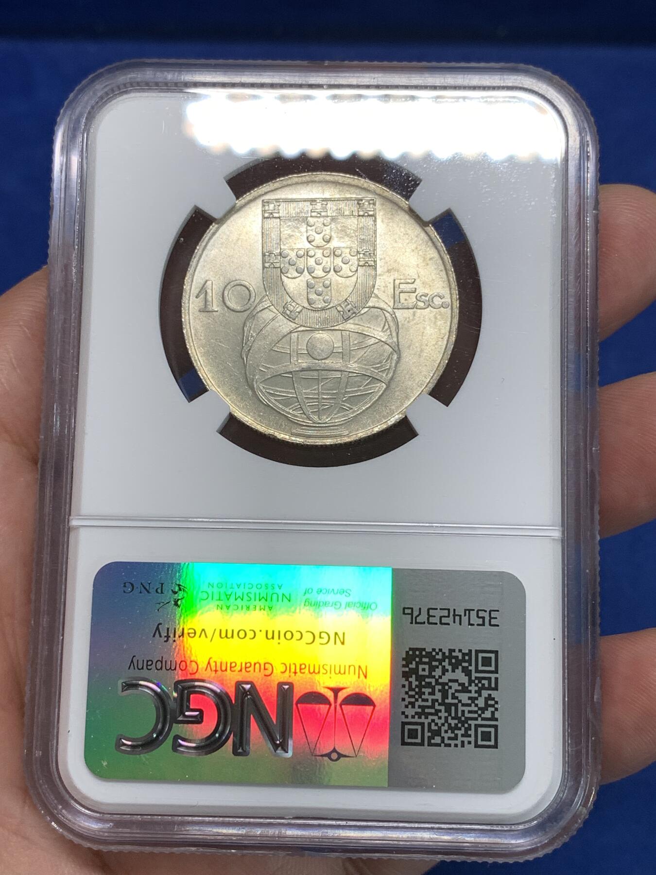 《竞宝斋》第292场- 周日，周一  2场连拍 （全场包邮） NGC MS64 葡萄牙1955年大帆船10埃斯库多银币