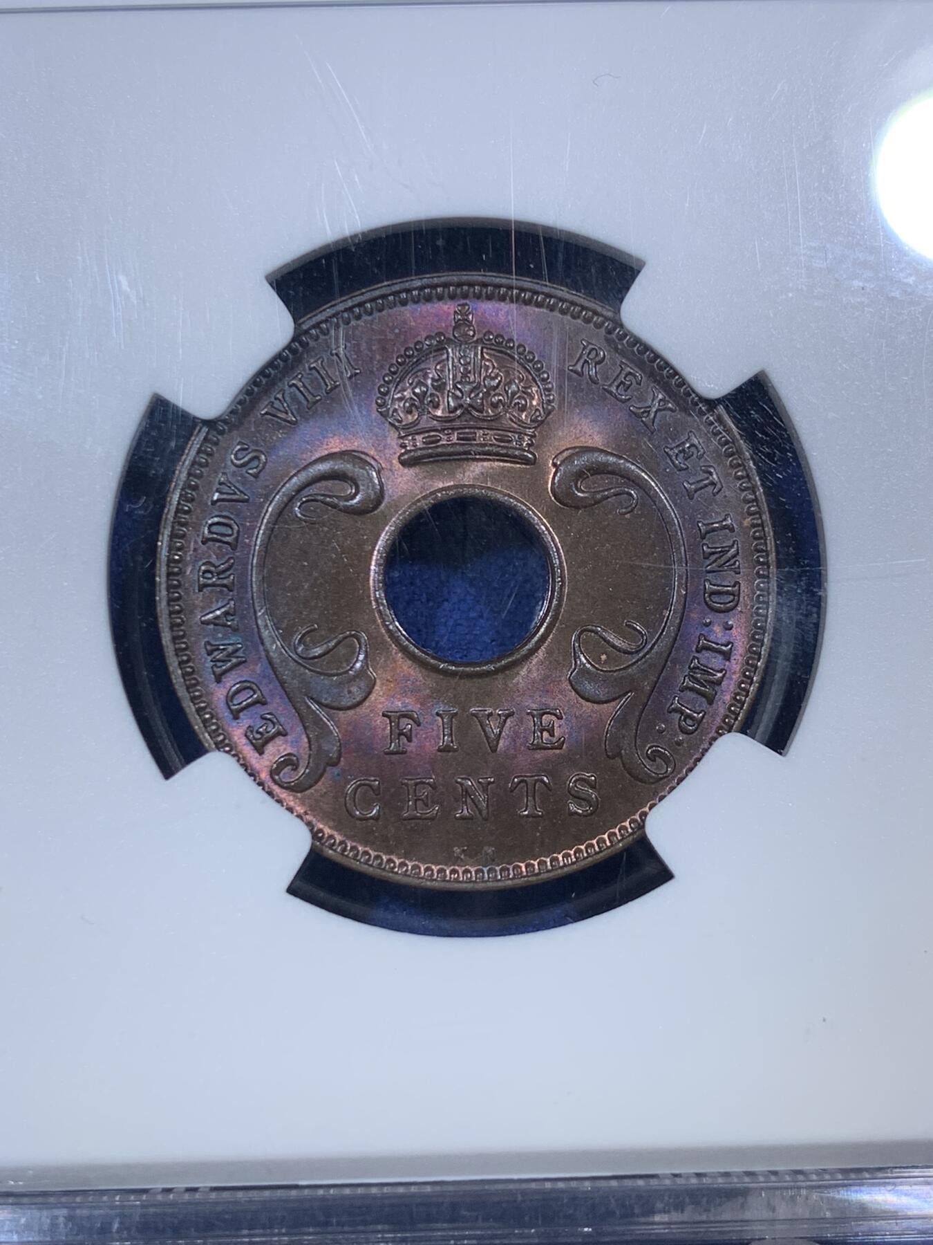 《竞宝斋》第292场- 周日，周一  2场连拍 （全场包邮） NGC MS64RB 英属东非1936年爱德华八世5分铜币KN版  紫彩非常漂亮