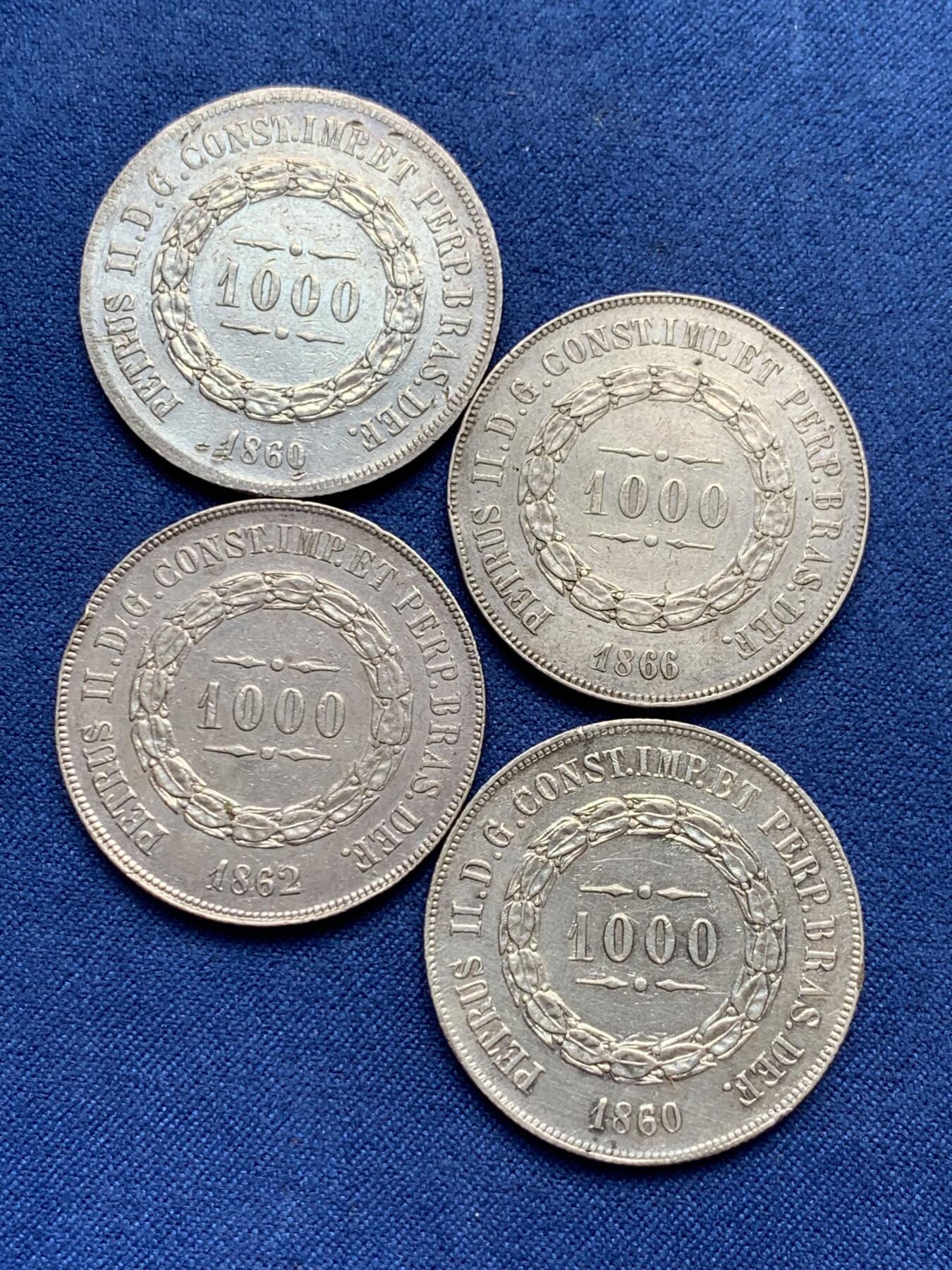 《竞宝斋》第292场- 周日，周一  2场连拍 （全场包邮） 4枚一组 巴西1000瑞斯 银币