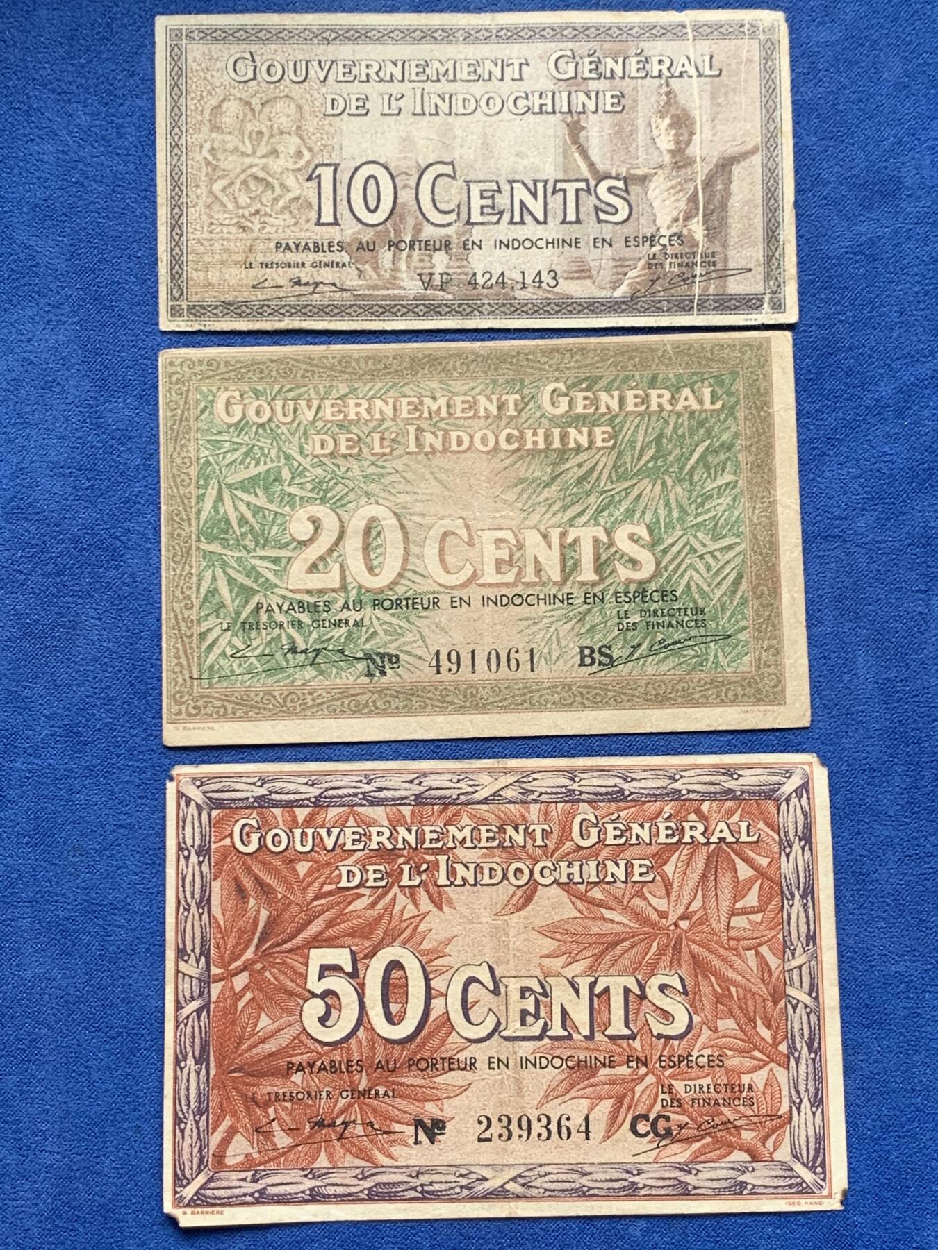 《竞宝斋》第292场- 周日，周一  2场连拍 （全场包邮） 3张一组  法属印支纸币辅币一套