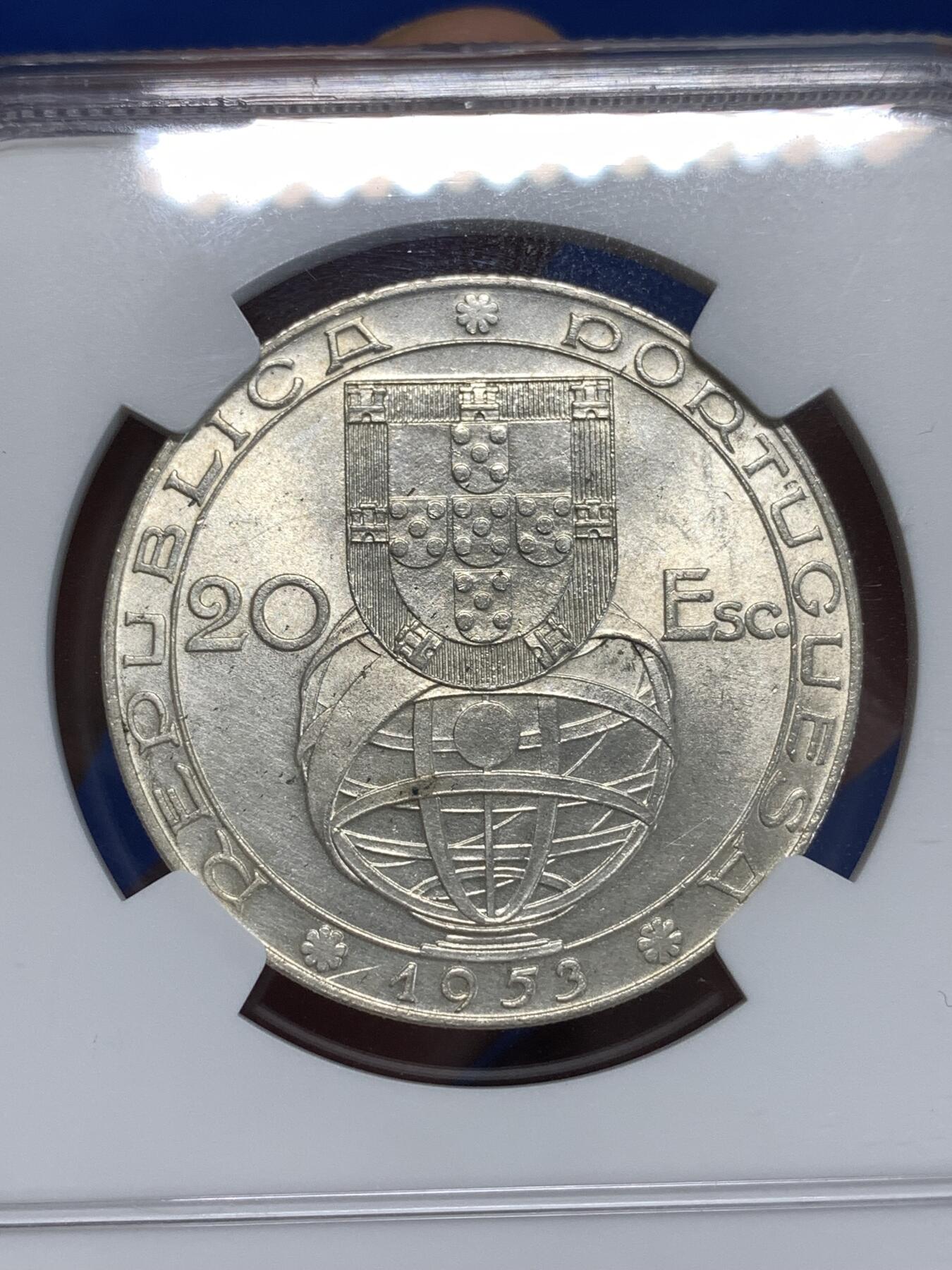 《竞宝斋》第292场- 周日，周一  2场连拍 （全场包邮） NGC UNC 葡萄牙1953年20埃斯库多银币