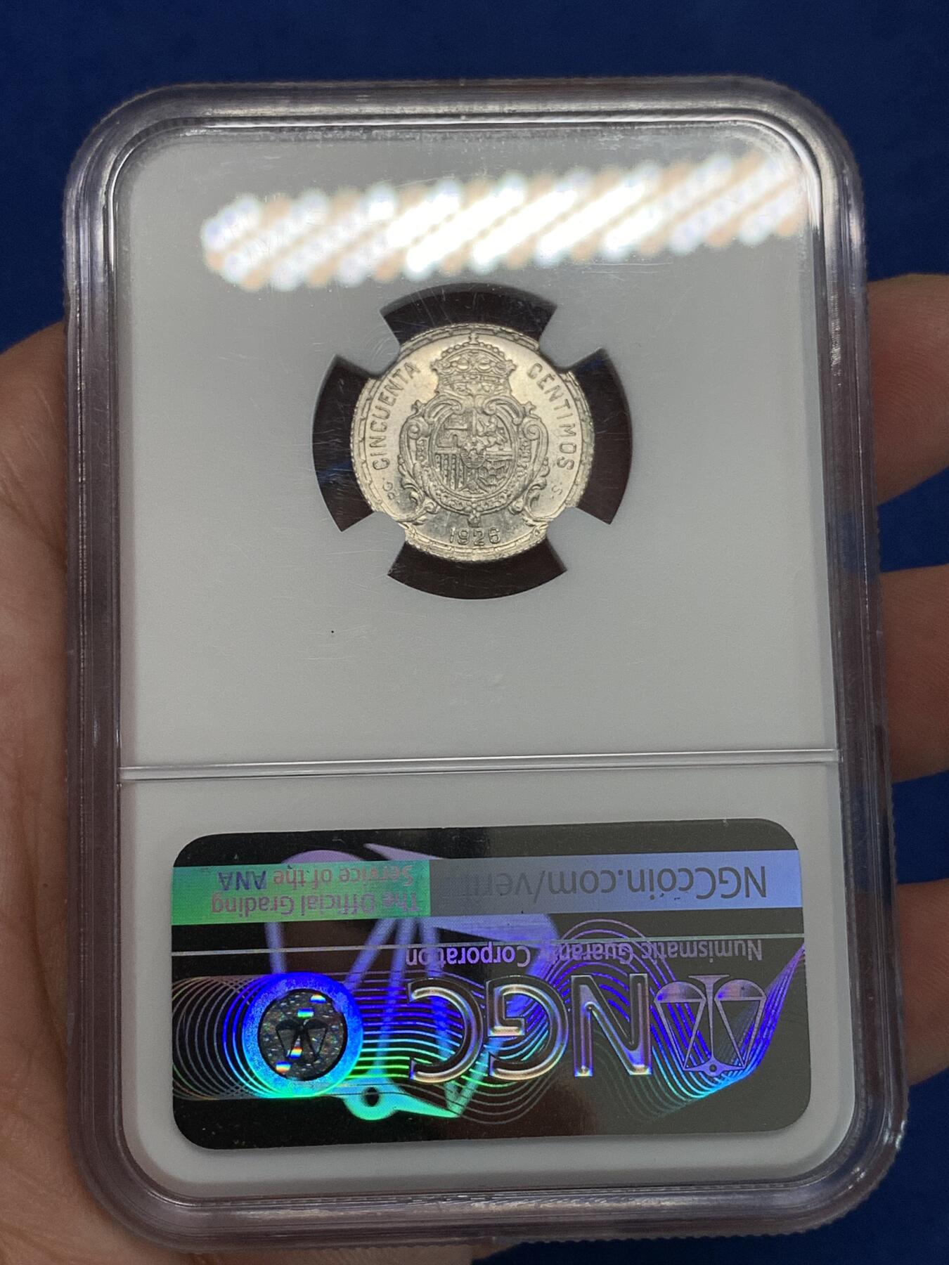 《竞宝斋》第292场- 周日，周一  2场连拍 （全场包邮） NGC MS63 西班牙1926阿方索十三世50C银币 好品