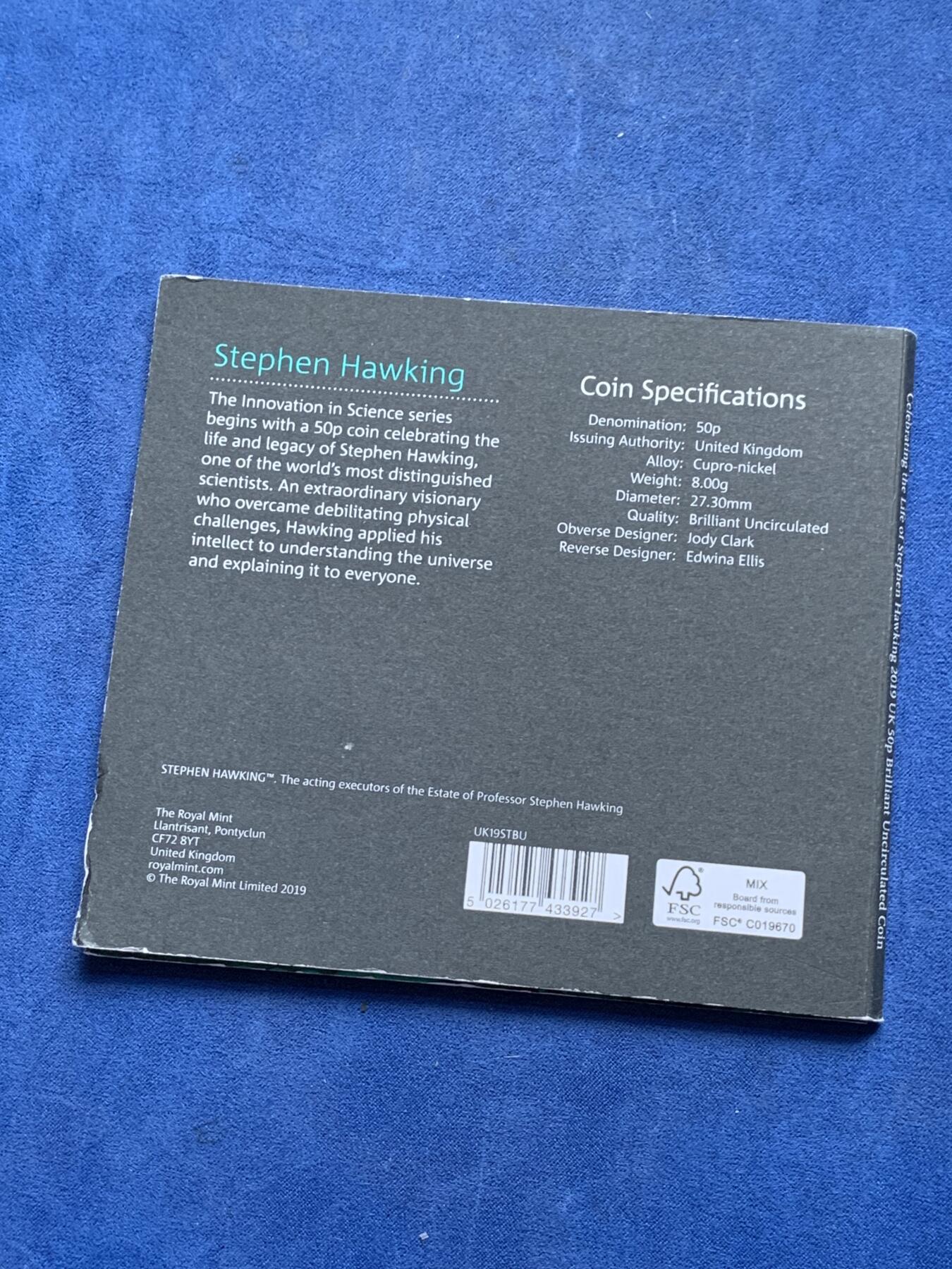 《竞宝斋》第292场- 周日，周一  2场连拍 （全场包邮） 2019英国皇家造币厂霍金黑洞50便士铜镍合金钱币