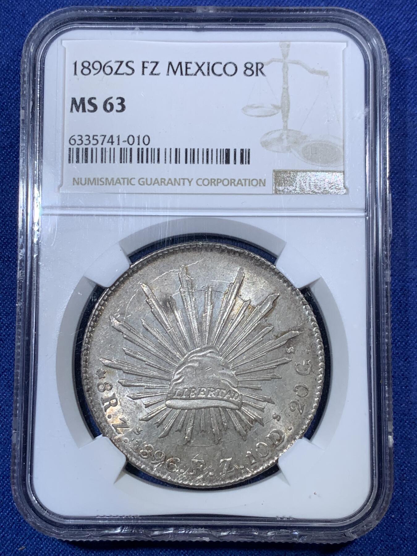 《竞宝斋》第292场- 周日，周一  2场连拍 （全场包邮） NGC MS63 墨西哥1896年ZS版花边鹰洋8瑞尔银币 盒子下沿有损