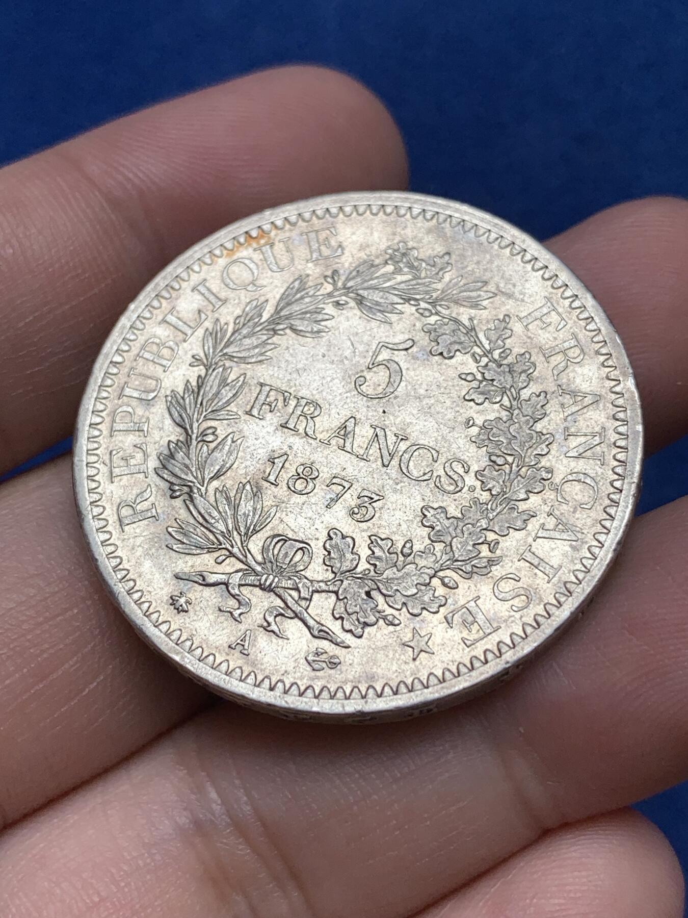 《竞宝斋》第292场- 周日，周一  2场连拍 （全场包邮） 法国1873年大力神5法郎银币 光度不错