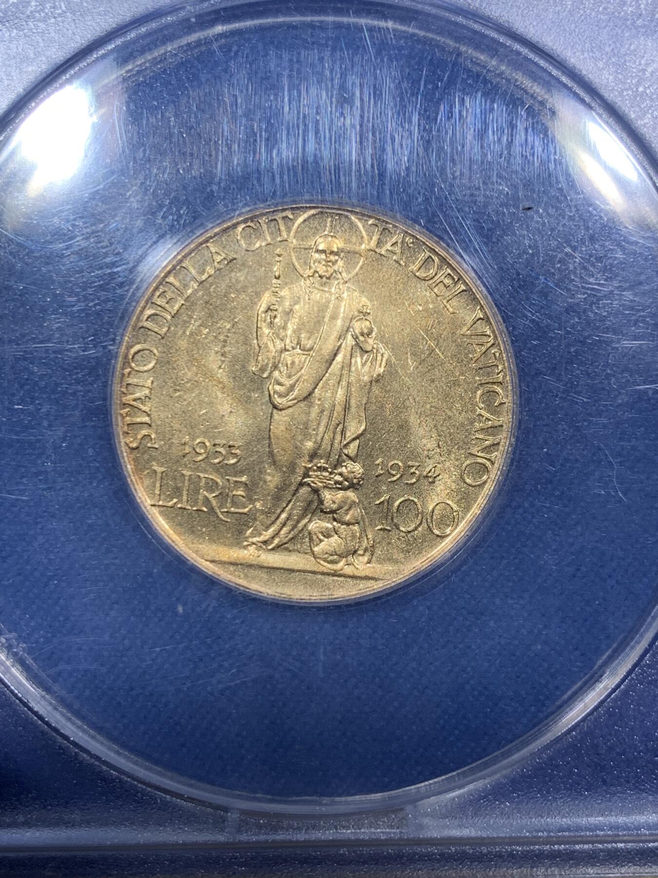 《竞宝斋》第292场- 周日，周一  2场连拍 （全场包邮） ANACS MS63 意大利1933-34梵蒂冈100里拉金币 早期成立的美国本土评级公司