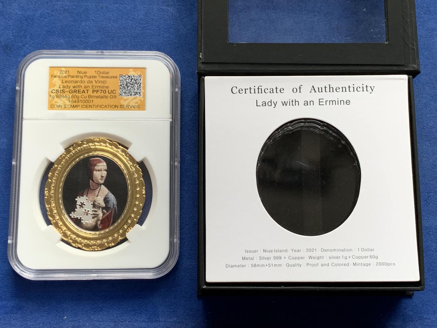 《竞宝斋》第292场- 周日，周一  2场连拍 （全场包邮） CSIS信泰评级 PF70UC 纽埃2021抱貂的女人精制银铜币 拼图彩色绝美品 盒证齐全
