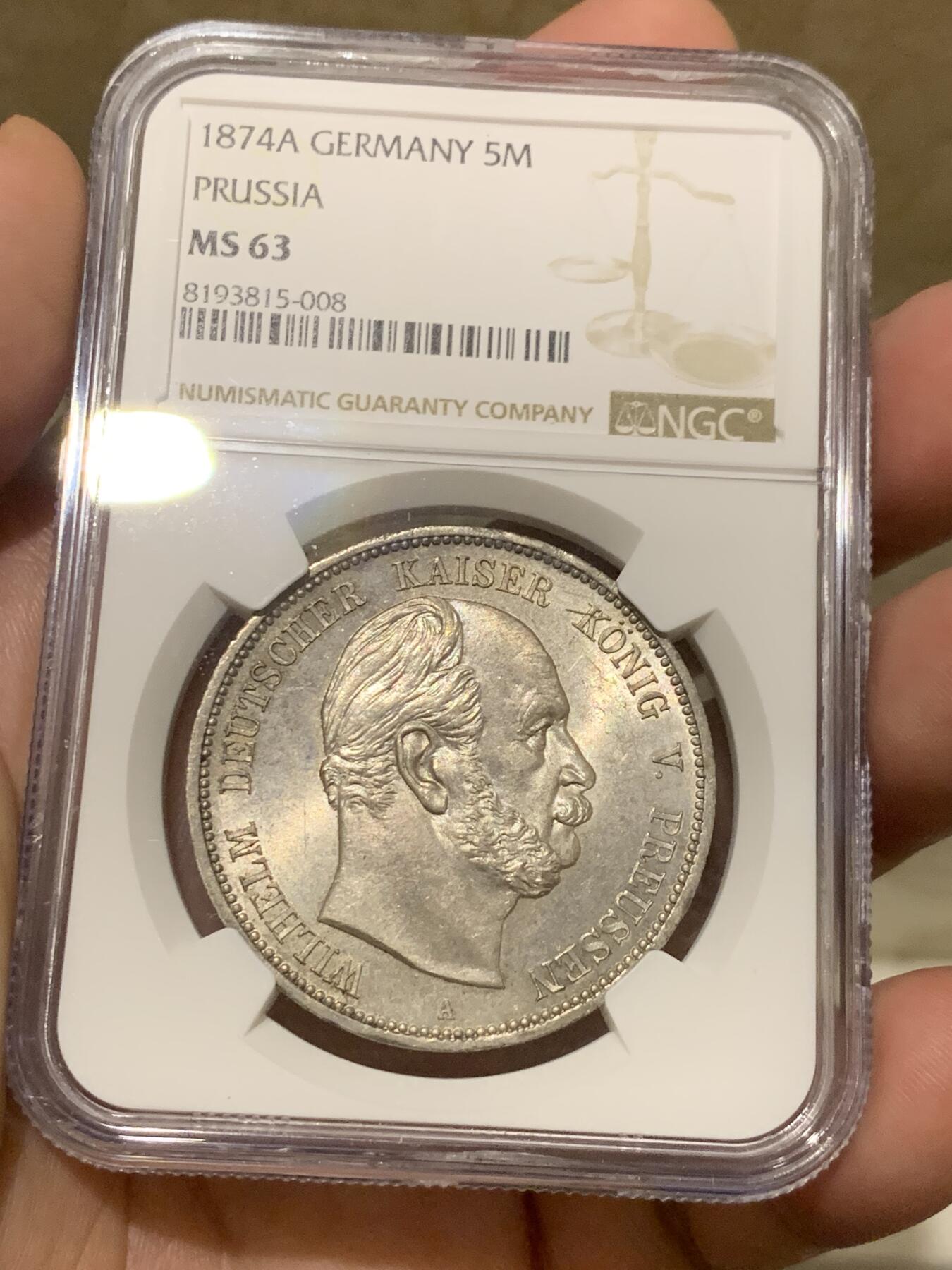 《竞宝斋》第292场- 周日，周一  2场连拍 （全场包邮） NGC MS63 德国1874年首年普鲁士威廉一世短翅5马克银币 曝光车轮转光流通马克中的经典威一短翅好品极难