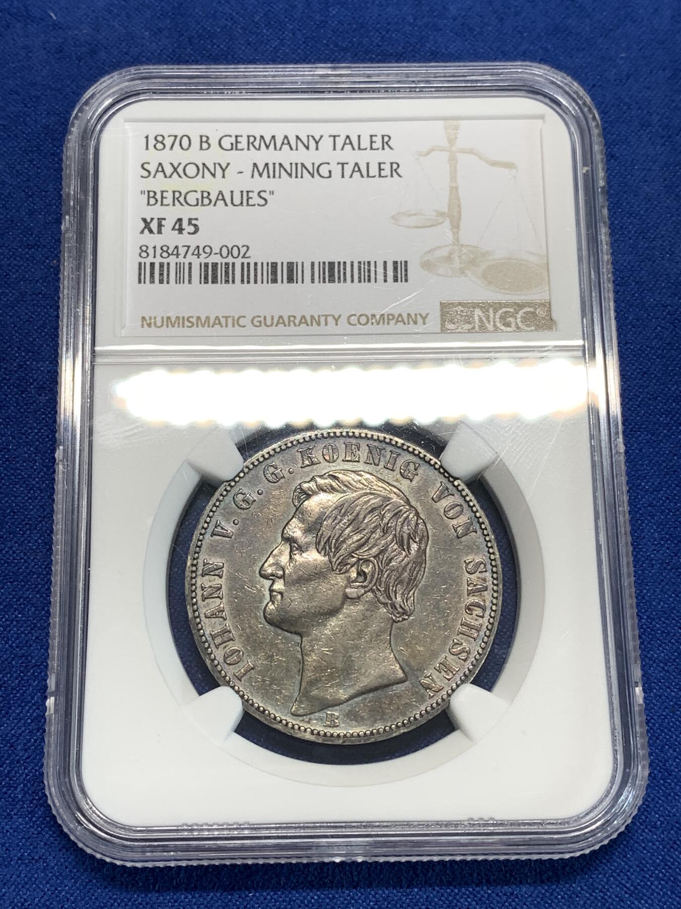 《竞宝斋》第292场- 周日，周一  2场连拍 （全场包邮） NGC XF45 德国 1870年B 萨克森矿业泰勒 正面深蓝绿色包浆 背面日落红包浆 感官佳明显低评