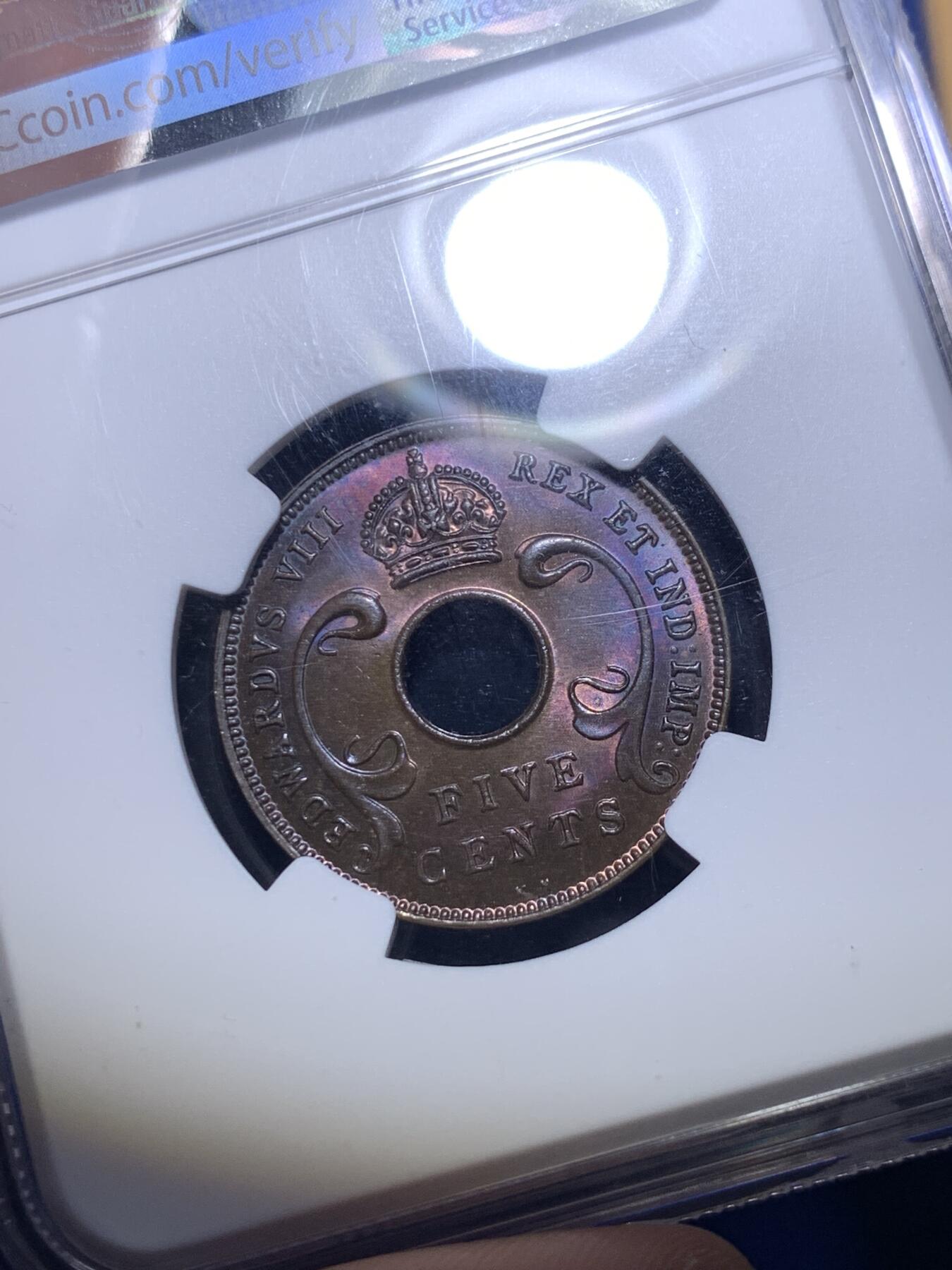 《竞宝斋》第292场- 周日，周一  2场连拍 （全场包邮） NGC MS64RB 英属东非1936年爱德华八世5分铜币KN版  紫彩非常漂亮