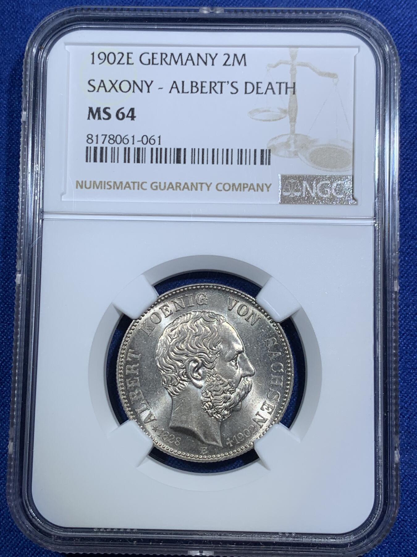 《竞宝斋》第292场- 周日，周一  2场连拍 （全场包邮） NGC MS64 德国1902年E版萨克森 阿尔伯特逝世 2马克银币