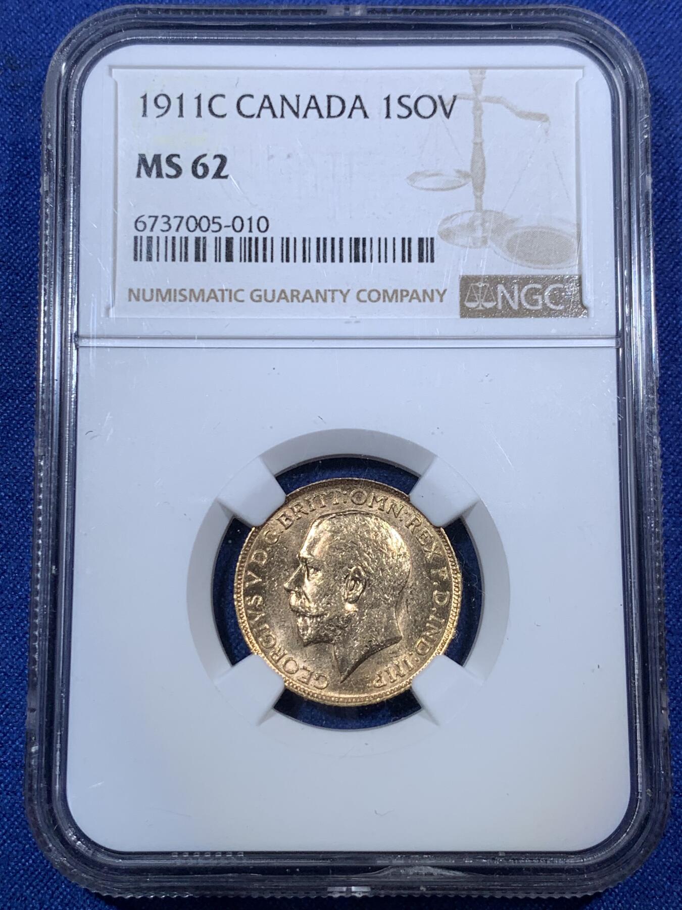 《竞宝斋》第292场- 周日，周一  2场连拍 （全场包邮） NGC MS62 加拿大 1911年 乔治五世1索维林金币 打制规范清晰，金色纯正，工艺精美，人像生动，状态上佳