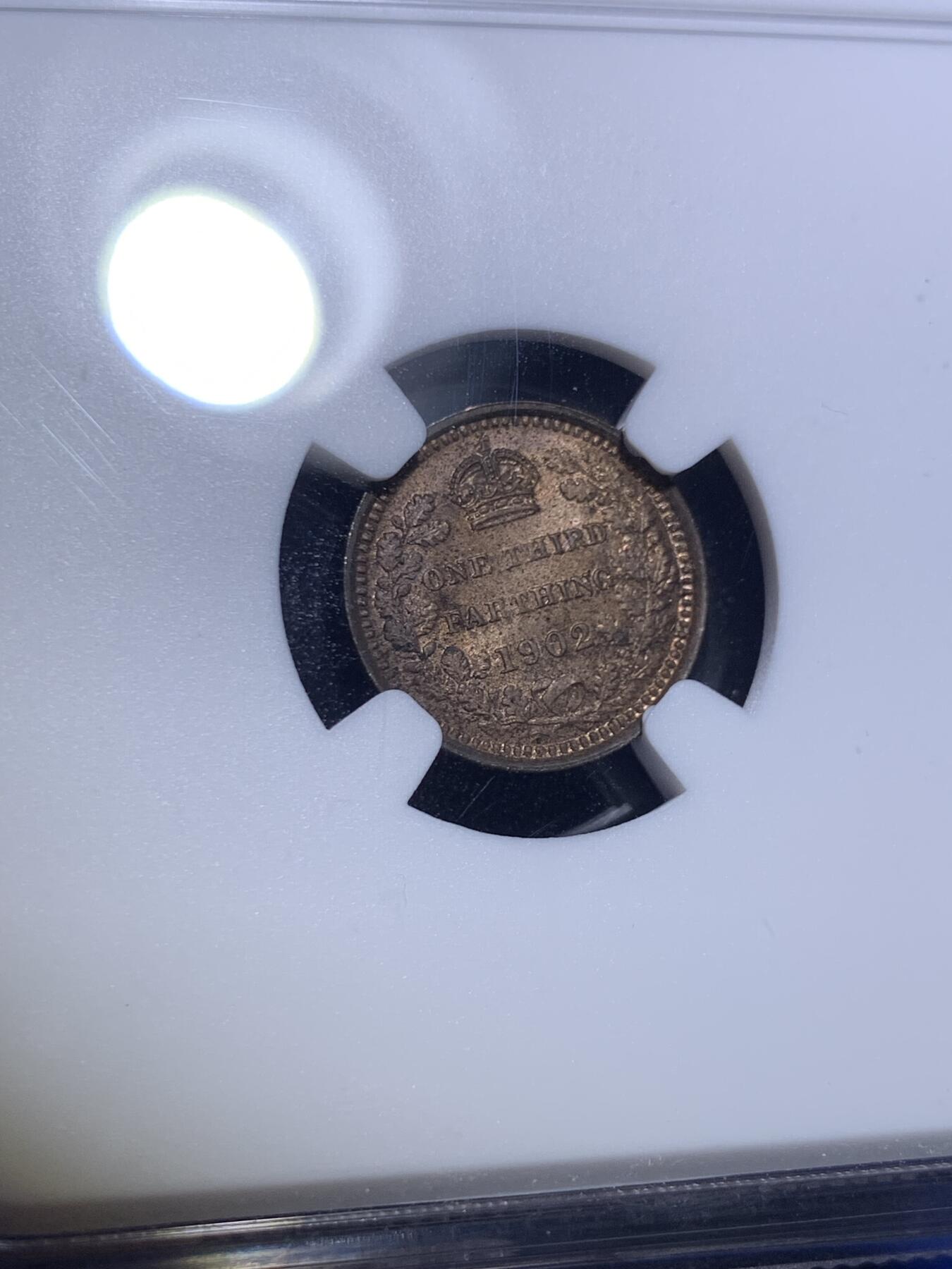 《竞宝斋》第292场- 周日，周一  2场连拍 （全场包邮） NGC MS63RB 英国1902年 爱德华七世1/3法新 底板光度很好 包浆和转光交相辉映