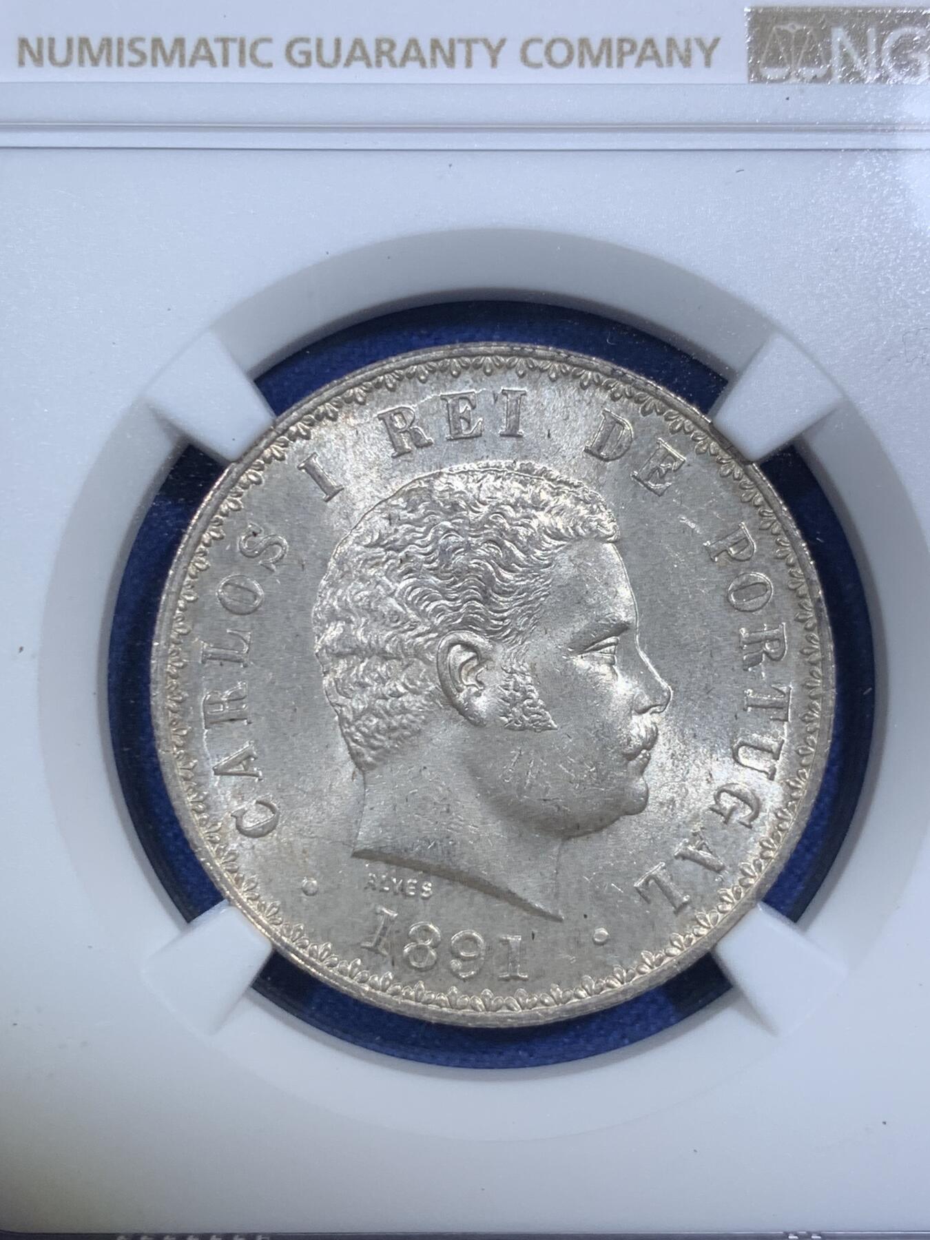 《竞宝斋》第292场- 周日，周一  2场连拍 （全场包邮） NGC MS63 葡萄牙1891年500瑞斯银币