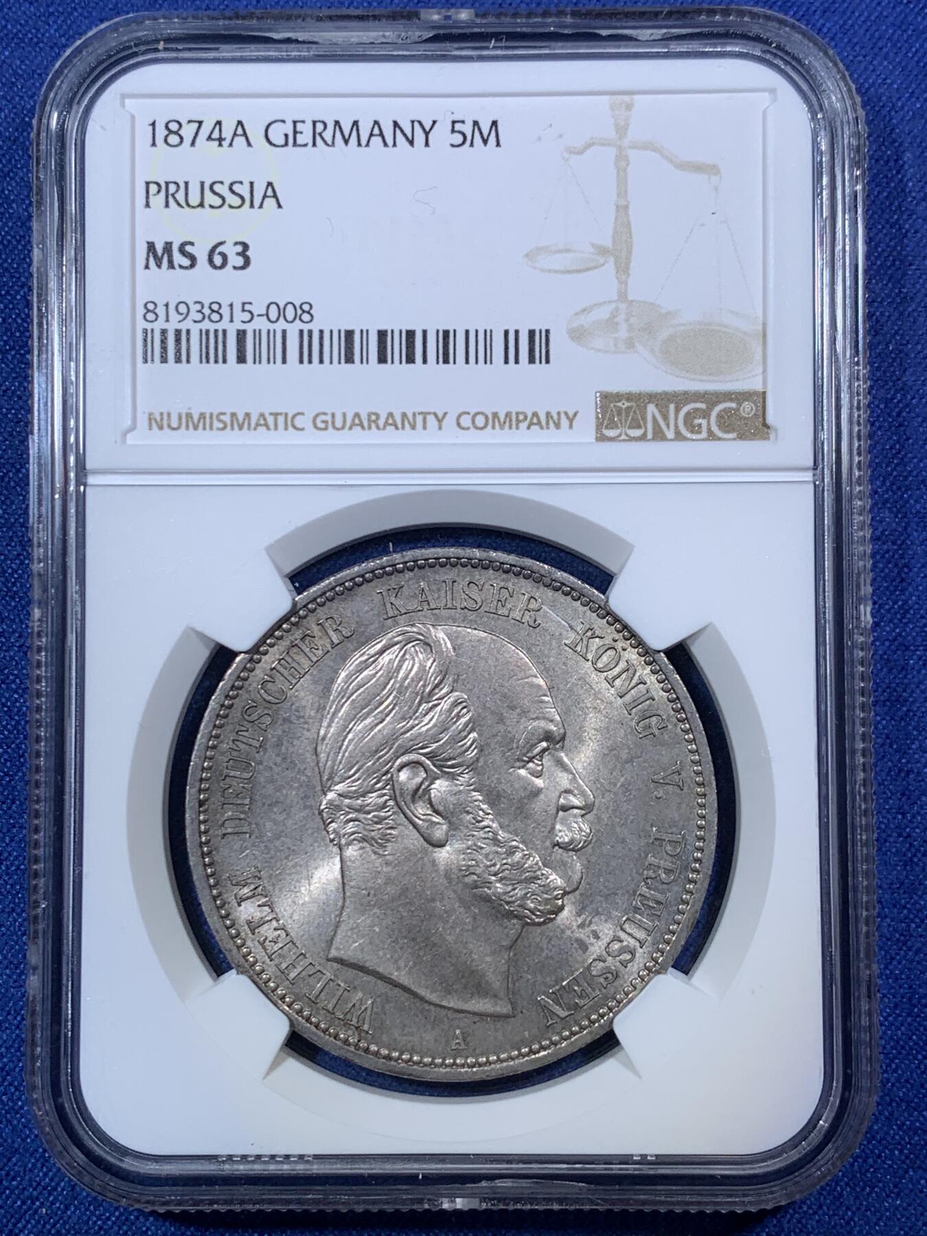 《竞宝斋》第292场- 周日，周一  2场连拍 （全场包邮） NGC MS63 德国1874年首年普鲁士威廉一世短翅5马克银币 曝光车轮转光流通马克中的经典威一短翅好品极难