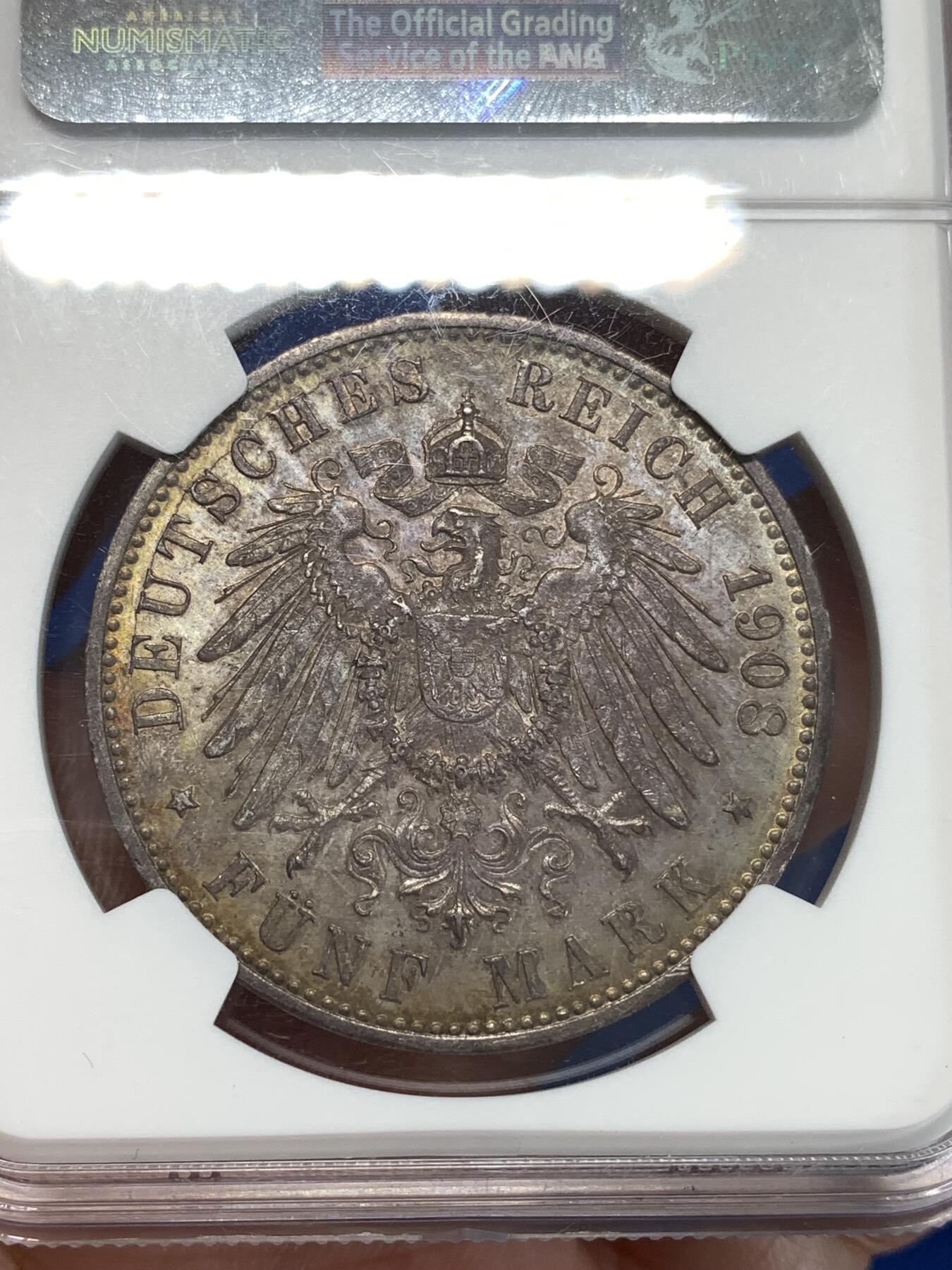 《竞宝斋》第292场- 周日，周一  2场连拍 （全场包邮） NGC UNCD 德国1908F符腾堡5马克银币