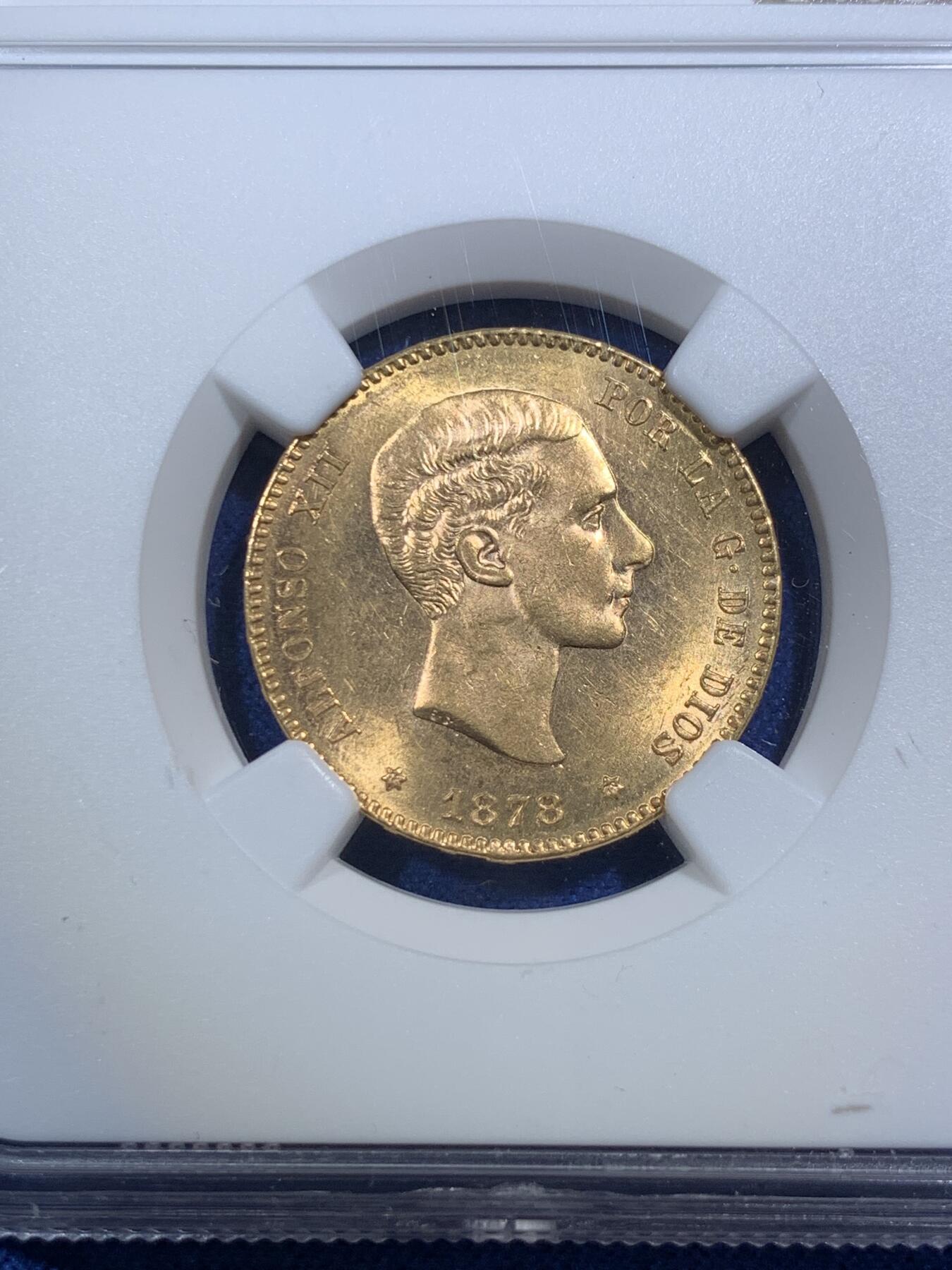 《竞宝斋》第292场- 周日，周一  2场连拍 （全场包邮） NGC MS62 西班牙1878年阿方索十三世25比塞塔金币 8.06克