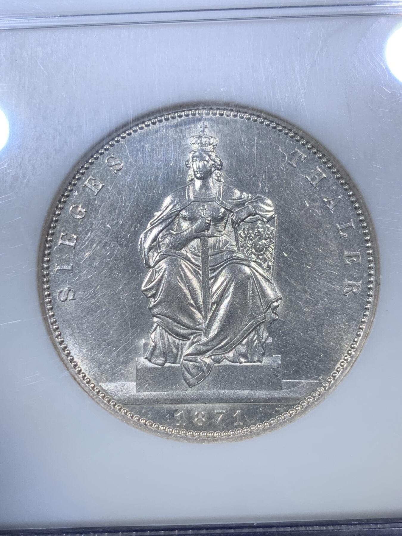 《竞宝斋》第292场- 周日，周一  2场连拍 （全场包邮） NGC MS61 老盒严评 德国1871年普法战争胜利1泰勒 币面清爽，类精制状态，尤其背面，美得发光