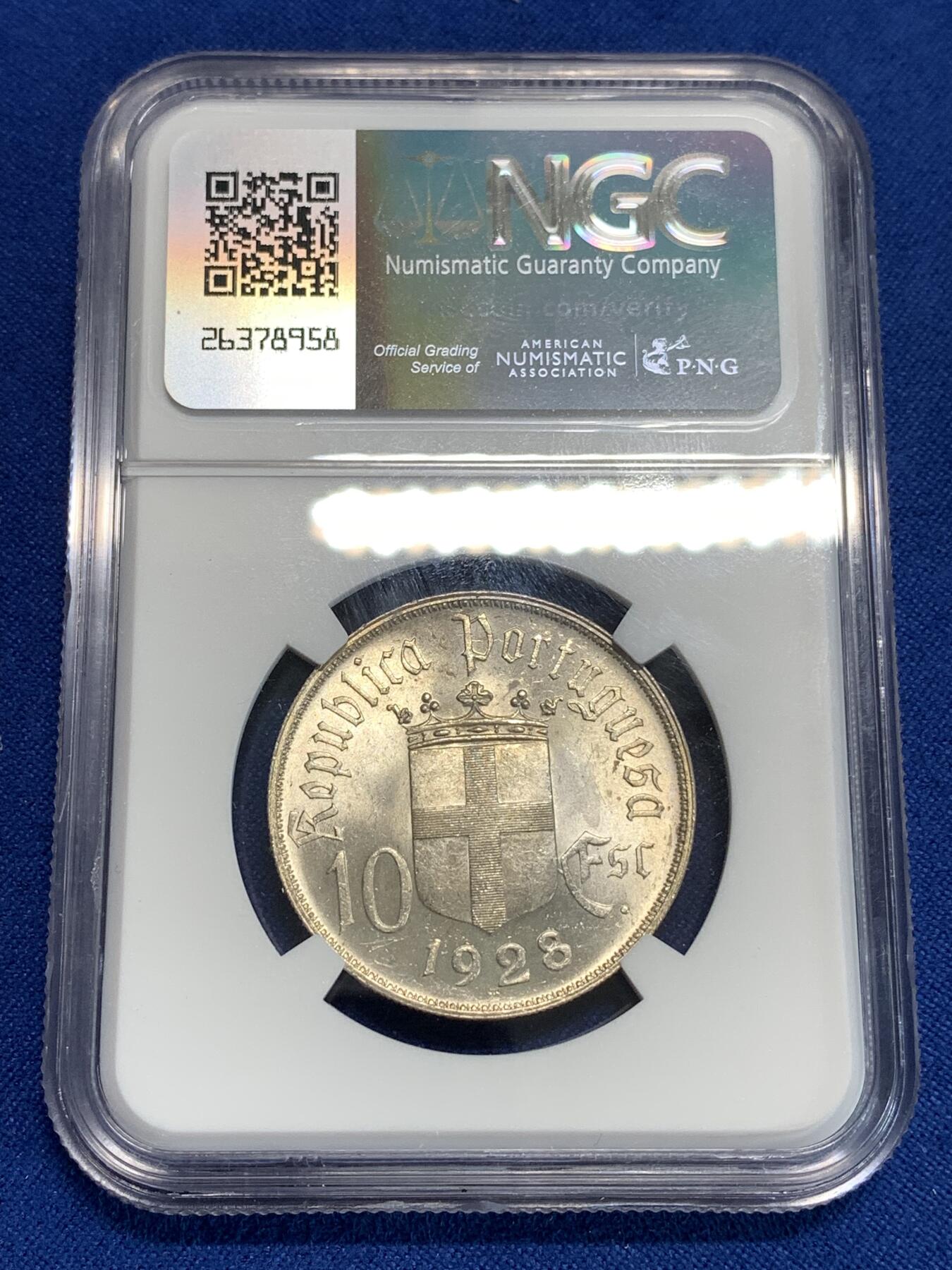 《竞宝斋》第292场- 周日，周一  2场连拍 （全场包邮） NGC UNC 葡萄牙1928年奥里基战役10埃斯库多银币 转光流畅 背部少许浅擦痕迹