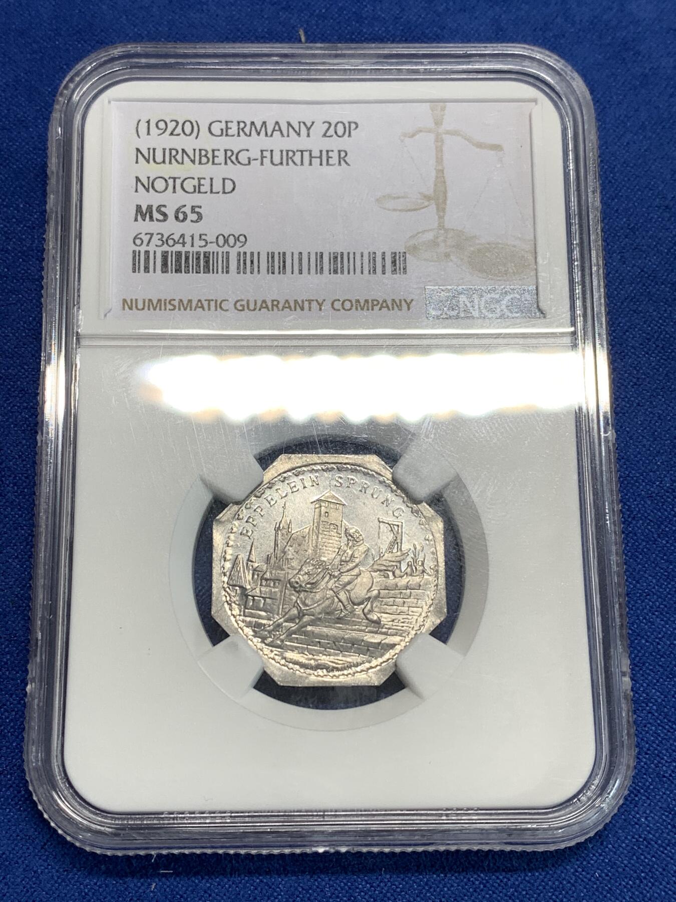 《竞宝斋》第292场- 周日，周一  2场连拍 （全场包邮） NGC MS65 德国1920年紧急状态时期纽伦堡20芬尼代用币