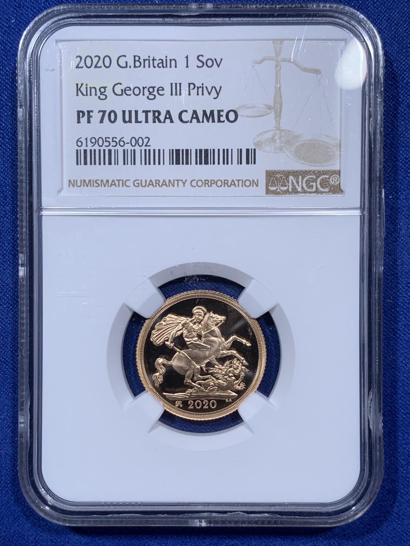 《竞宝斋》第292场- 周日，周一  2场连拍 （全场包邮） NGC PF69-70UC 英国 2020年 乔治三世200周年纪念索维林金币（4枚马剑金币套装总重30克，带钢琴漆木质原盒，限量600套，金价高企错过可惜！）