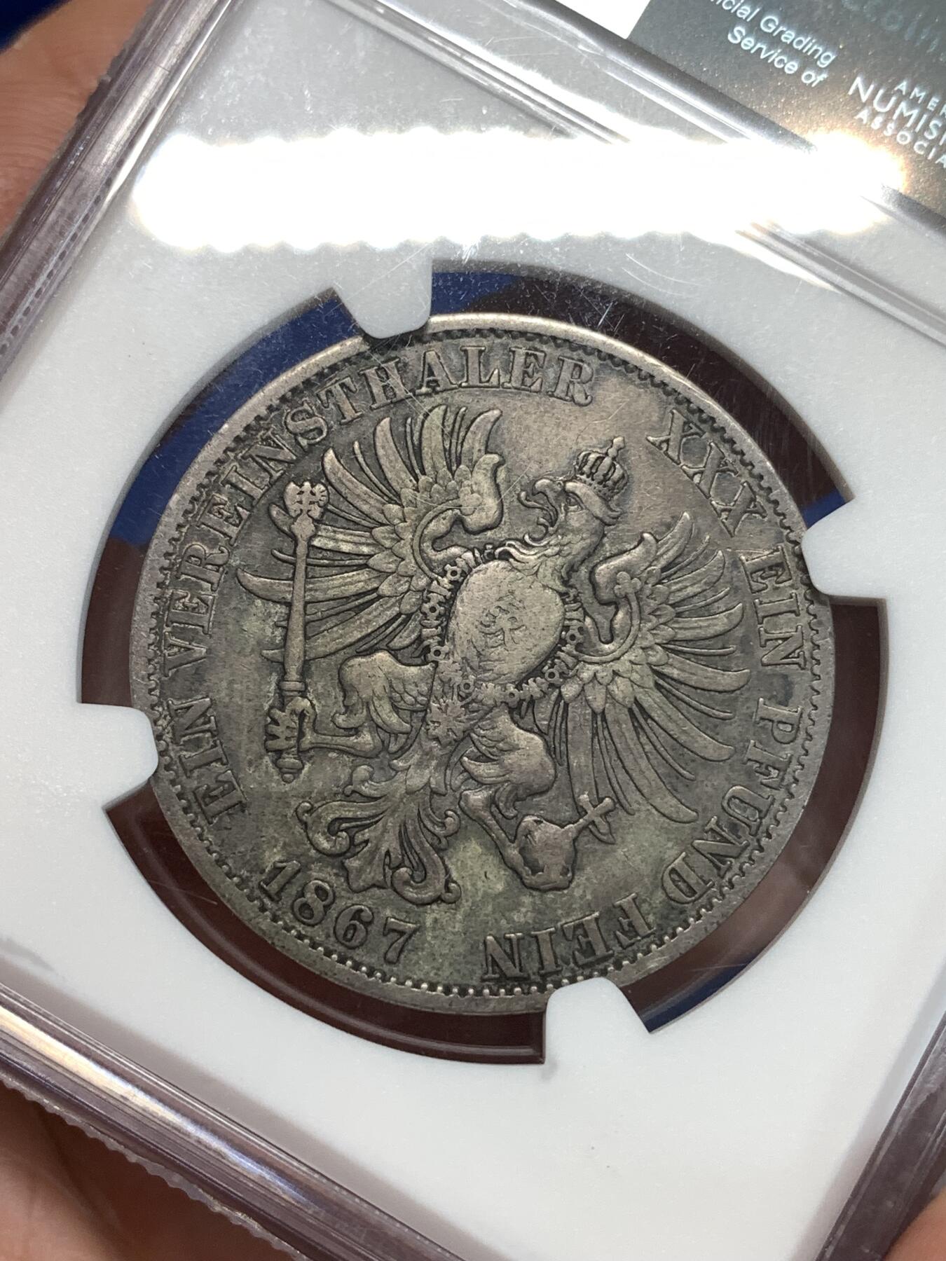 《竞宝斋》第292场- 周日，周一  2场连拍 （全场包邮） NGC VFD 德国1867普鲁士皇冠鹰一泰勒 少见品种 背面滴水未下老味道 鹰整体细节完好