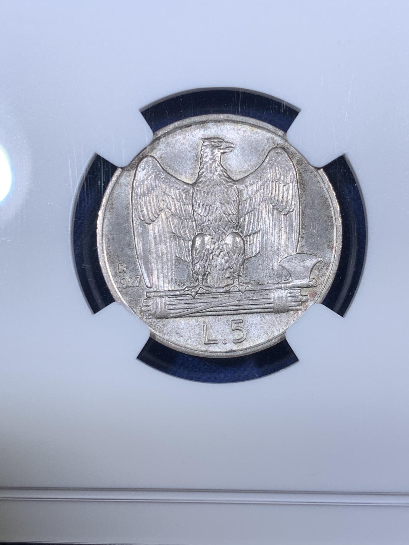 《竞宝斋》第292场- 周日，周一  2场连拍 （全场包邮） NGC MS66 意大利王国1927年法西斯鹰5里拉银币 冠军分