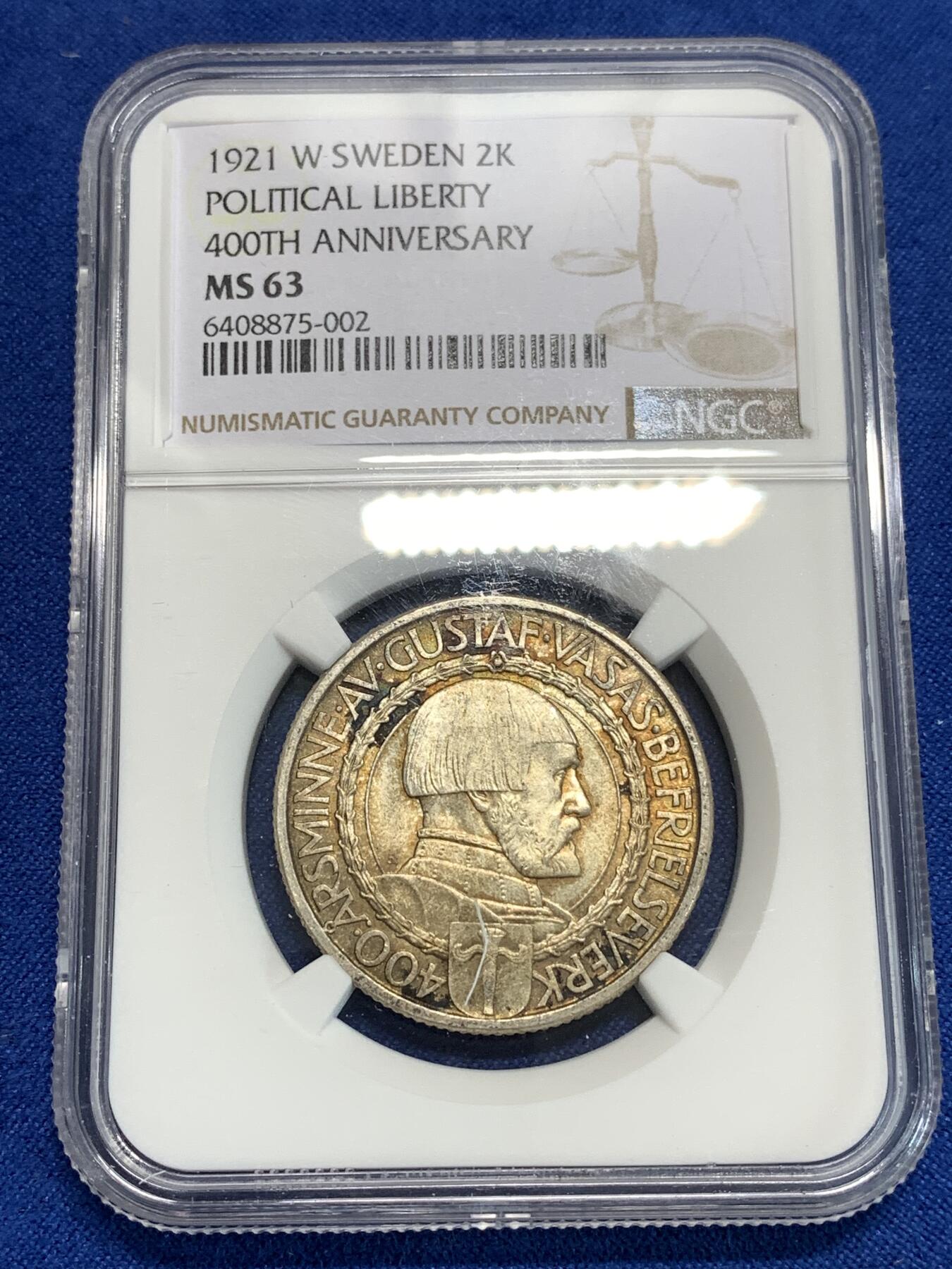 《竞宝斋》第292场- 周日，周一  2场连拍 （全场包邮） NGC MS63 瑞典1921年政治自由400周年2克朗银币 五彩包浆