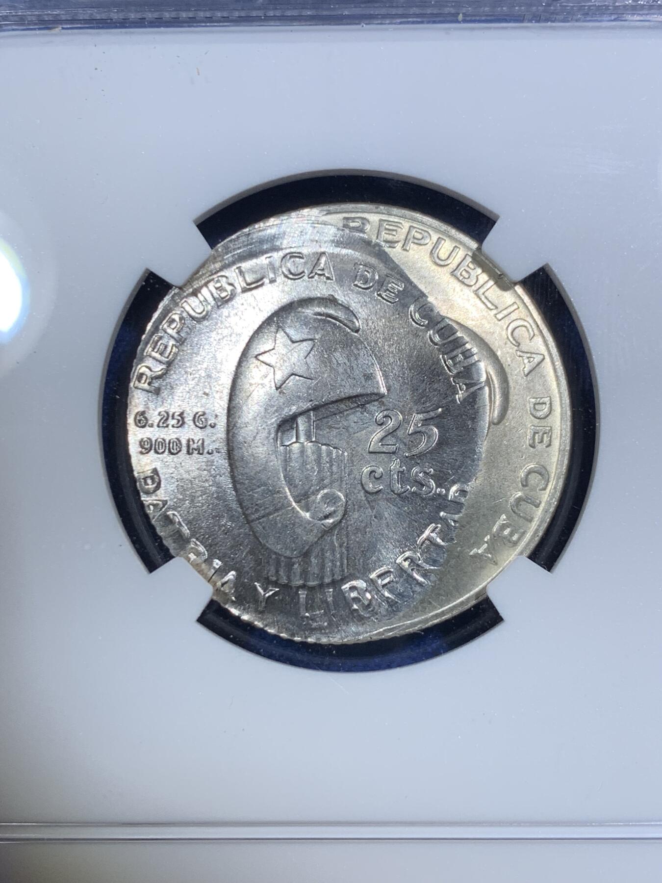 《竞宝斋》第292场- 周日，周一  2场连拍 （全场包邮） NGC MINT ERROR MS65 古巴1953年何塞马丁百年纪念25分银币 珍惜复打币