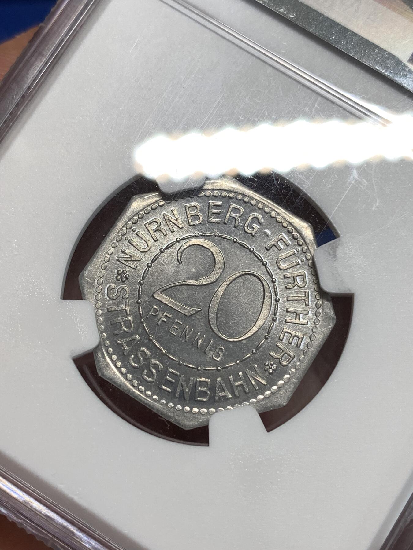 《竞宝斋》第292场- 周日，周一  2场连拍 （全场包邮） NGC MS65 德国1920年紧急状态时期纽伦堡20芬尼代用币