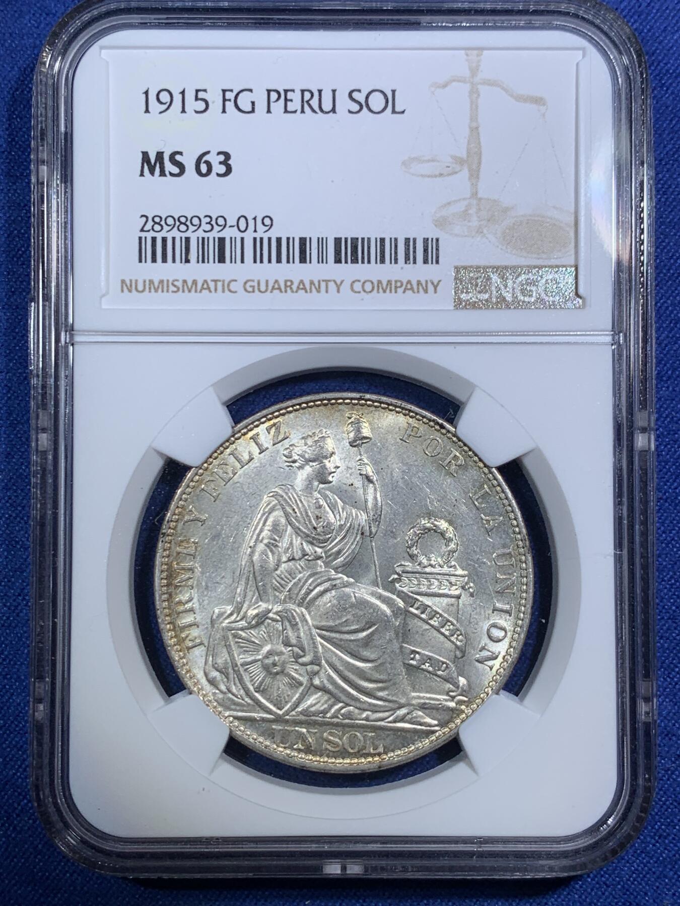 《竞宝斋》第292场- 周日，周一  2场连拍 （全场包邮） NGC MS63 秘鲁1915年索尔大银 坐洋女神 高银版本