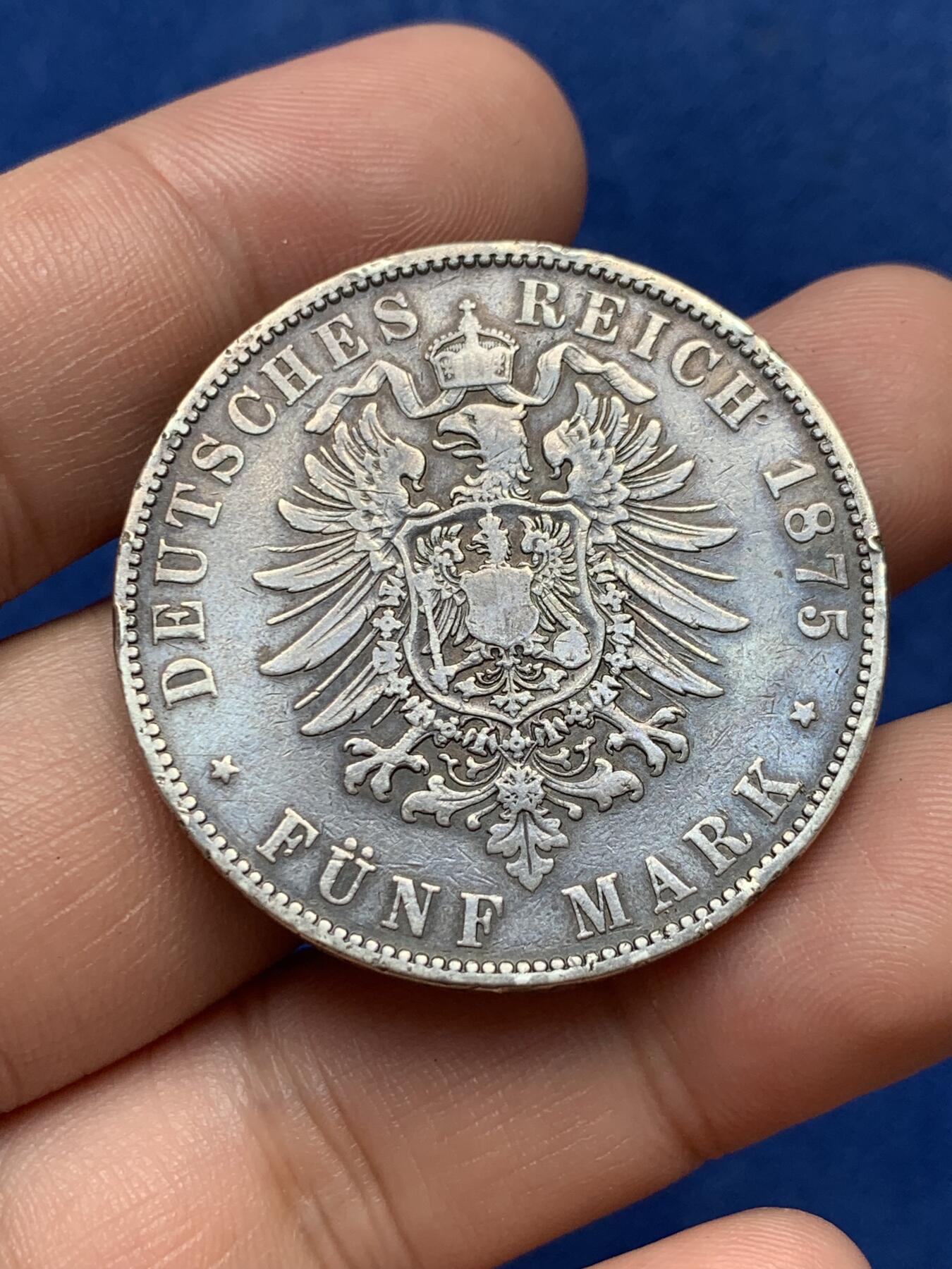 《竞宝斋》第292场- 周日，周一  2场连拍 （全场包邮） 德国1875年萨克森阿尔伯特短翅5马克 银币