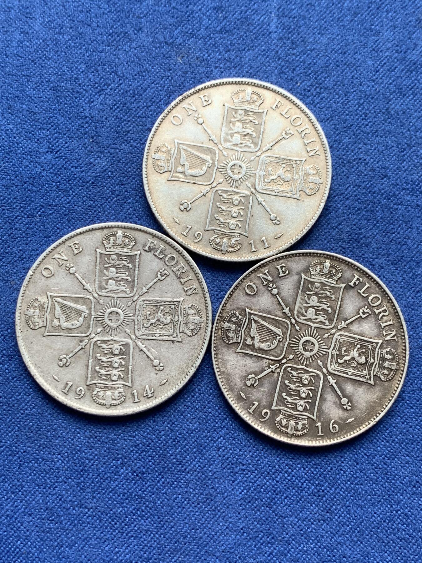 《竞宝斋》第292场- 周日，周一  2场连拍 （全场包邮） 3枚一组 英国乔治五世1弗洛林银币 高银版