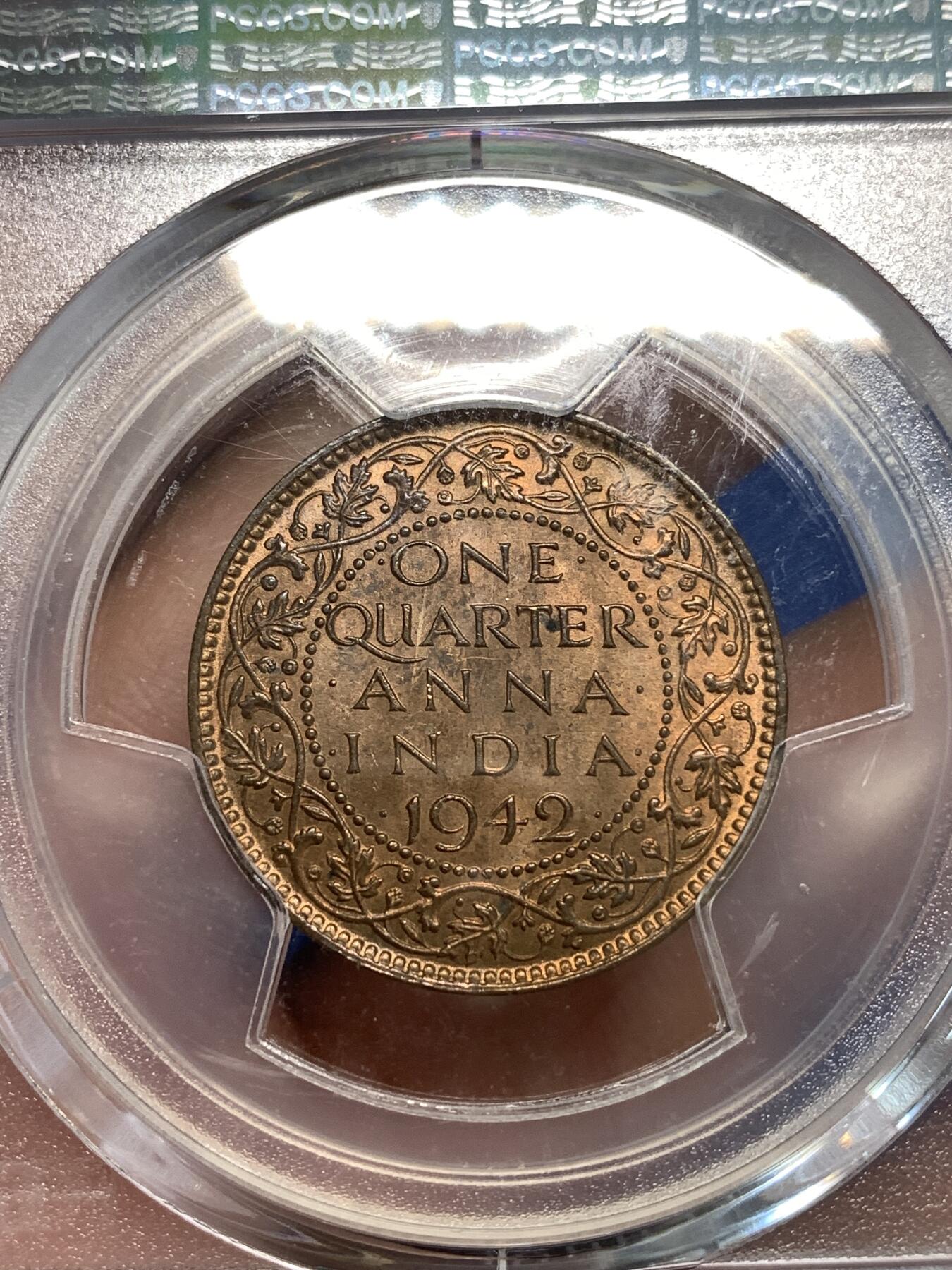 《竞宝斋》第292场- 周日，周一  2场连拍 （全场包邮） PCGS MS63RB  1942年印度 1/4 铜币 极少见的高分