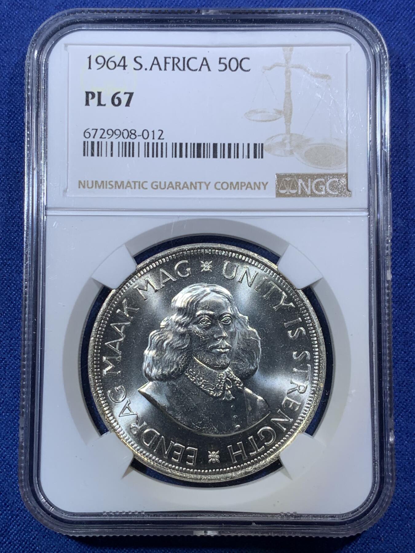 《竞宝斋》第292场- 周日，周一  2场连拍 （全场包邮） NGC PL67 南非1964年50分吕贝克 跳羚羊 高分精制币 完美品 一步到位