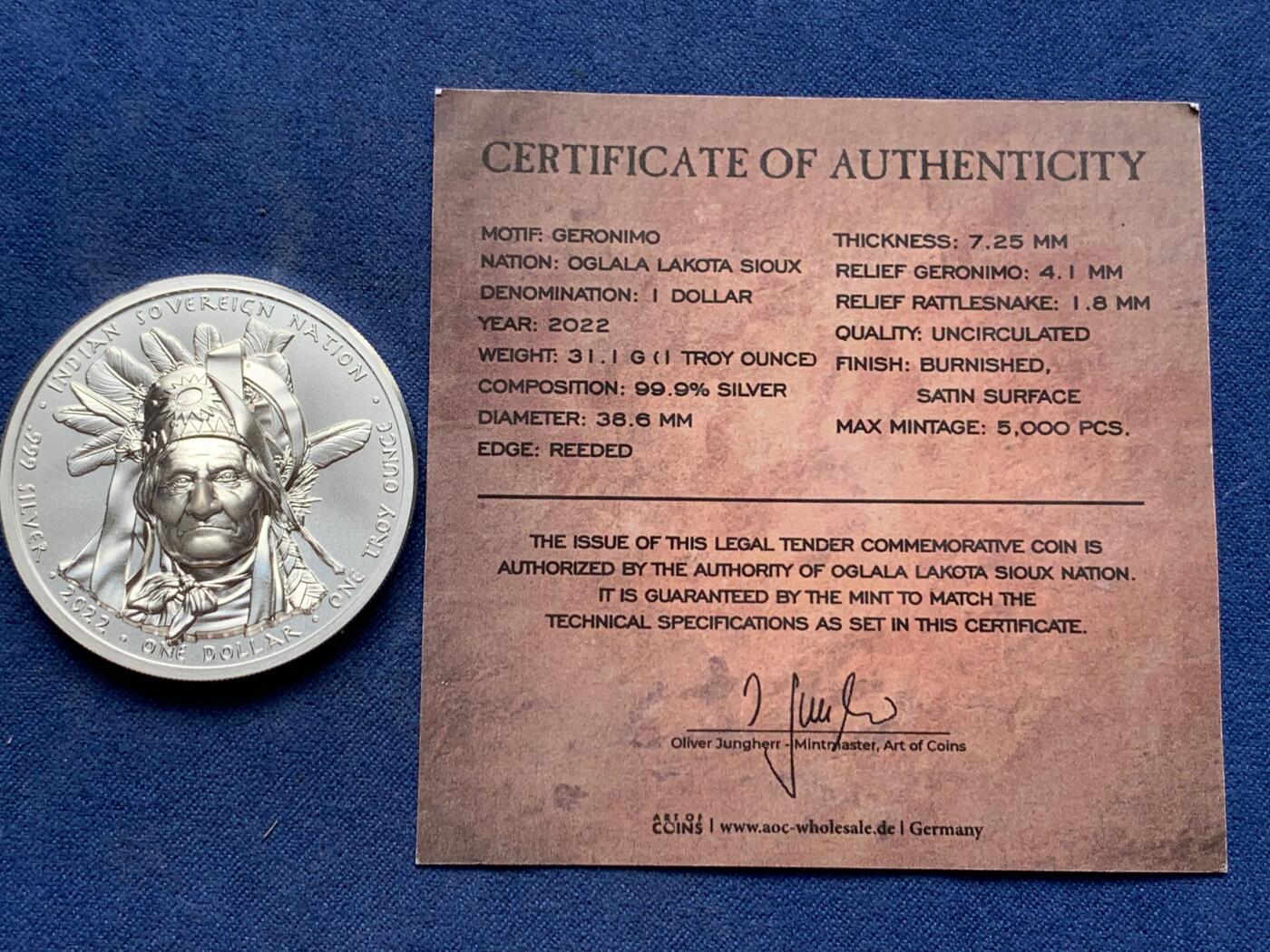 《竞宝斋》第292场- 周日，周一  2场连拍 （全场包邮） 美国2022年发行的印第安酋长系列2“杰罗尼莫”1美元纪念银币 1盎司 超高浮雕工艺 限量2500枚