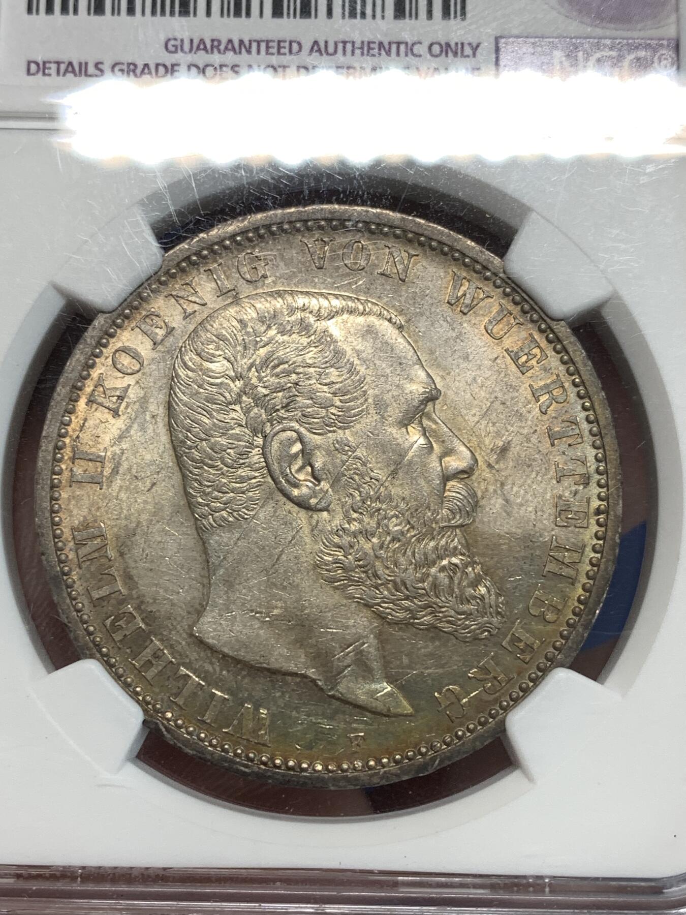 《竞宝斋》第292场- 周日，周一  2场连拍 （全场包邮） NGC UNCD 德国1908F符腾堡5马克银币