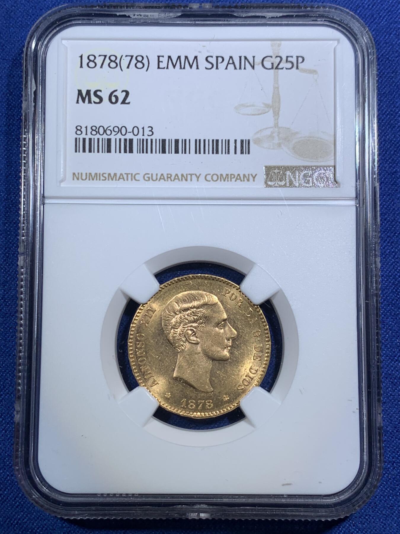 《竞宝斋》第292场- 周日，周一  2场连拍 （全场包邮） NGC MS62 西班牙1878年阿方索十三世25比塞塔金币 8.06克