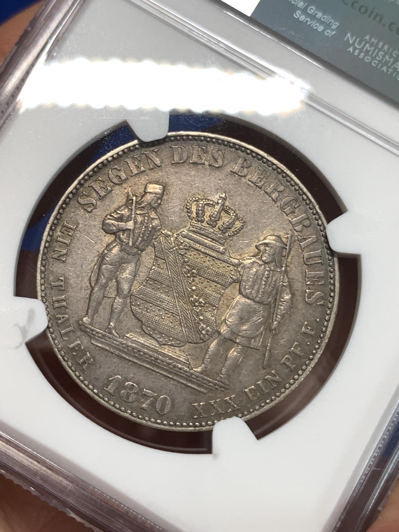 《竞宝斋》第292场- 周日，周一  2场连拍 （全场包邮） NGC XF45 德国 1870年B 萨克森矿业泰勒 正面深蓝绿色包浆 背面日落红包浆 感官佳明显低评