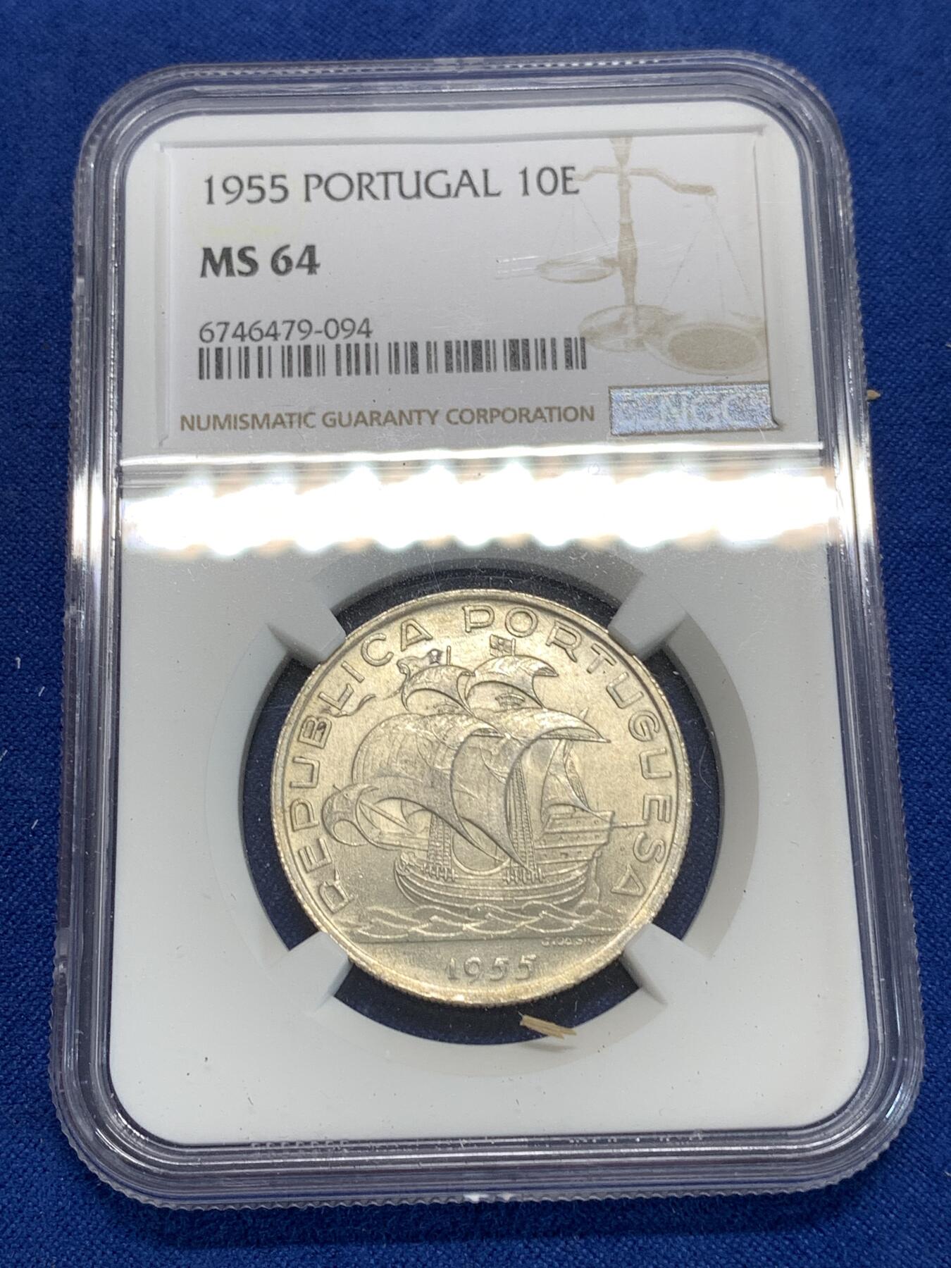 《竞宝斋》第292场- 周日，周一  2场连拍 （全场包邮） NGC MS64 葡萄牙1955年大帆船10埃斯库多银币