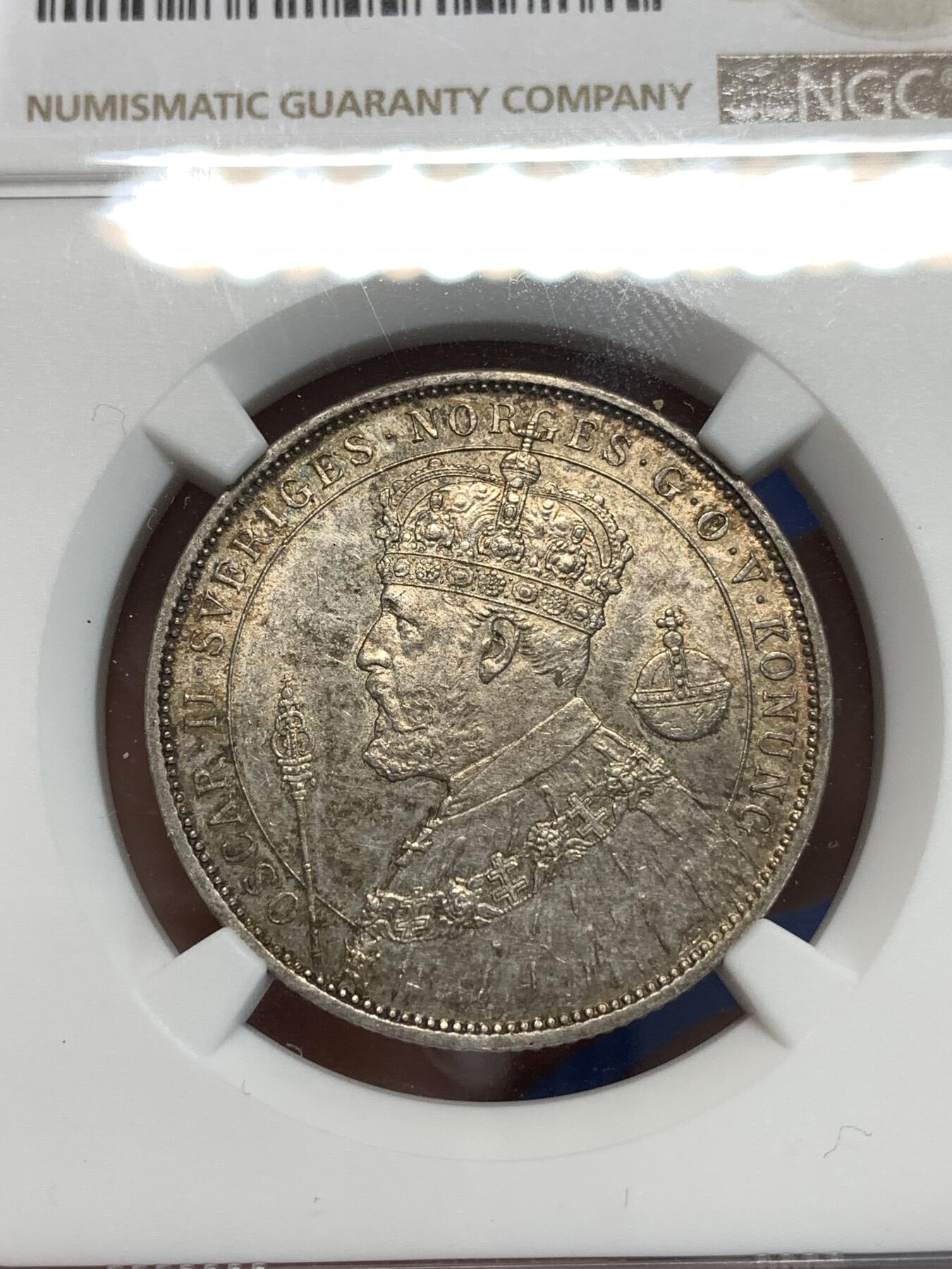 《竞宝斋》第292场- 周日，周一  2场连拍 （全场包邮） NGC MS63 瑞典 1897年 奥斯卡二世登基25周年纪念2克朗银币